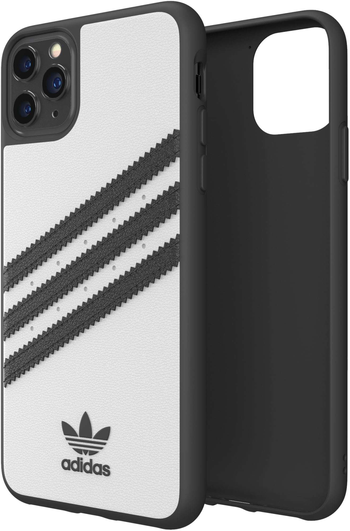 Schwarze Handyhülle mit Adidas-Logo und drei schwarzen Streifen auf weißem Hintergrund.