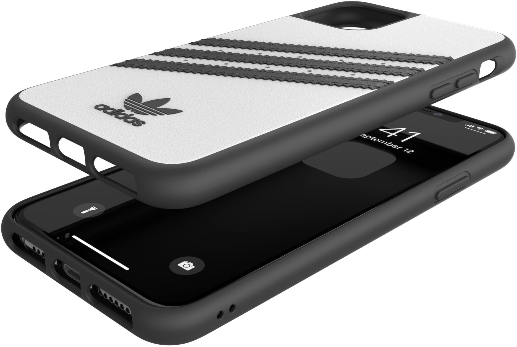 iPhone-Hülle mit Adidas-Logo und Streifen. Die Hülle ist weiß mit schwarzen Streifen und schwarzen Seiten.