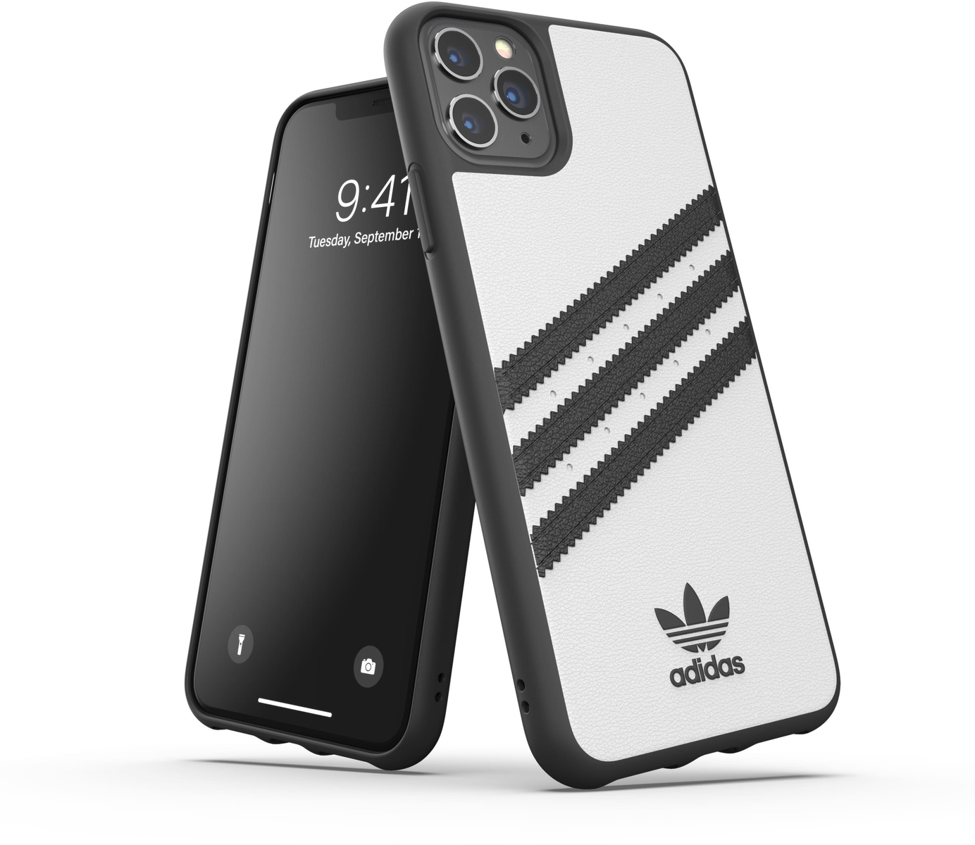 Schwarze Adidas-Handyhülle mit einem Telefon links und Streifen auf der rechten Seite.