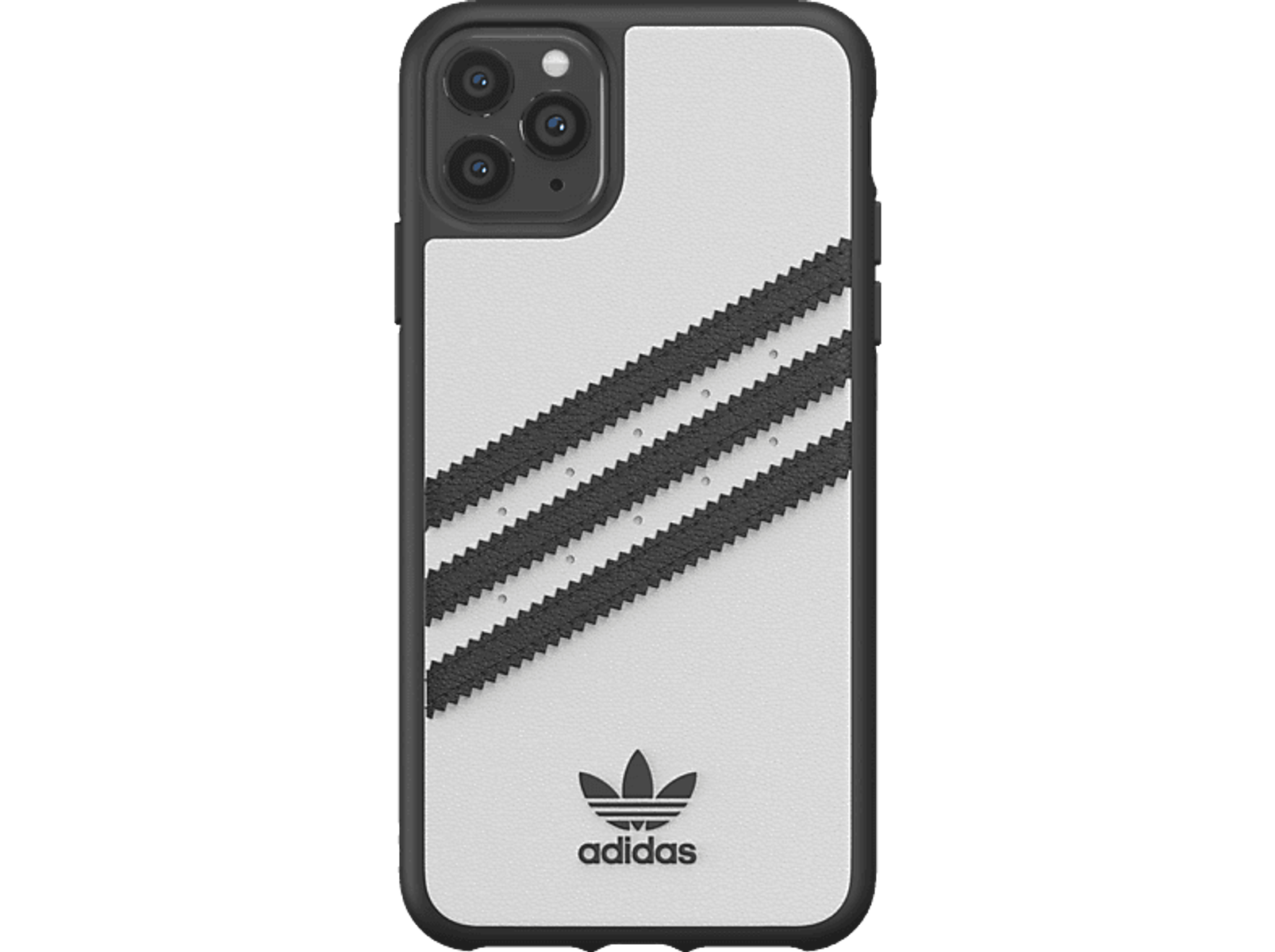 Weißes Handycase mit schwarzen Adidas-Streifen und Logo auf schwarzem Grund.