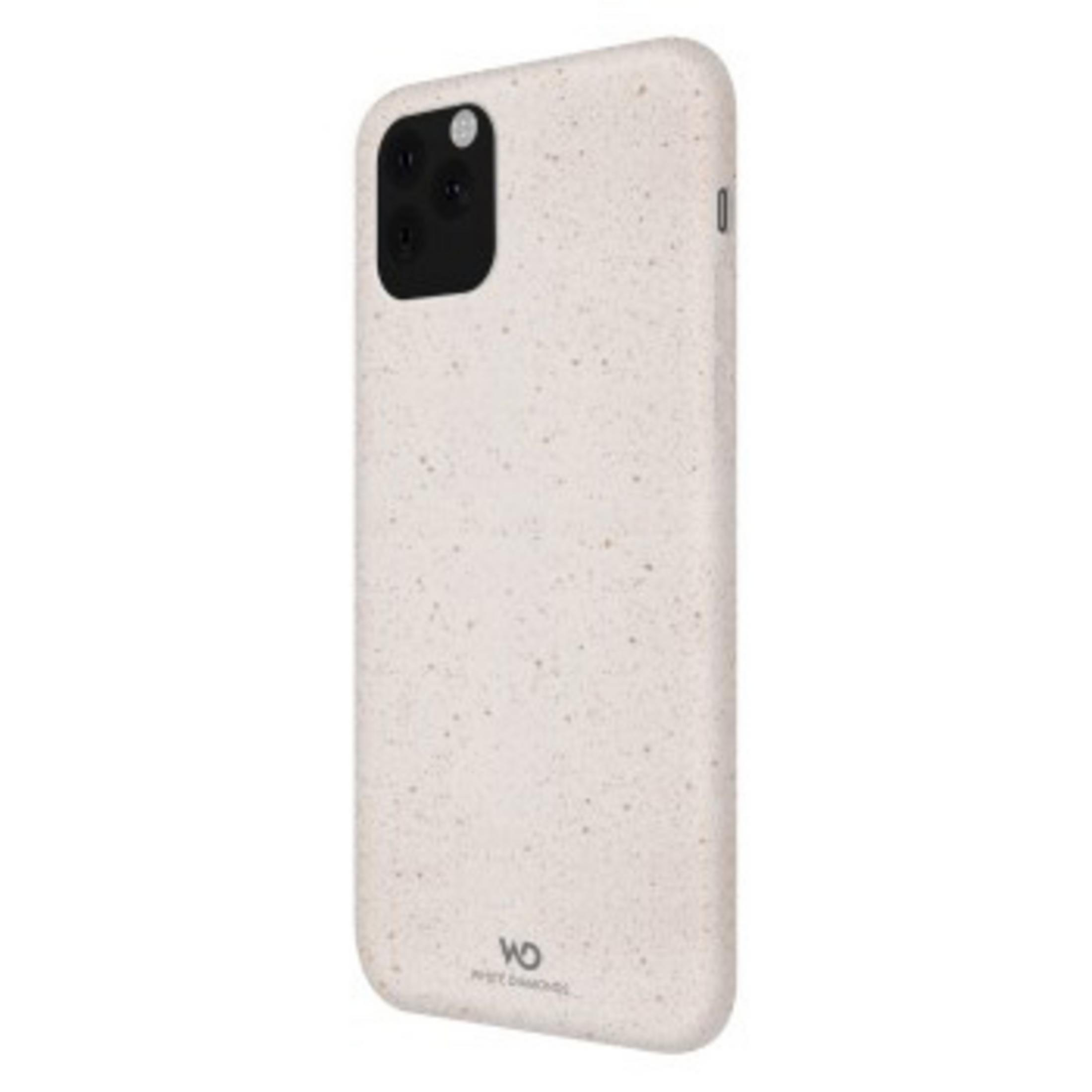 Weiße Handyhülle mit schwarzer Kameraausbuchtung. Das Gehäuse ist für ein Smartphone mit Logo.