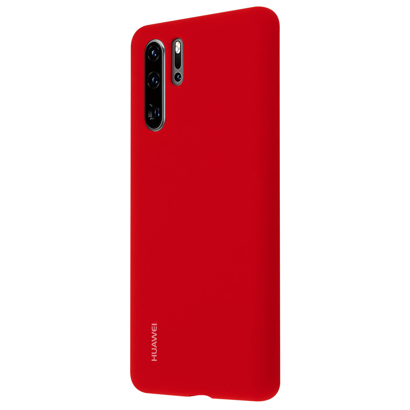 Custodia per telefono rossa. Retro del telefono con fotocamera e logo Huawei.