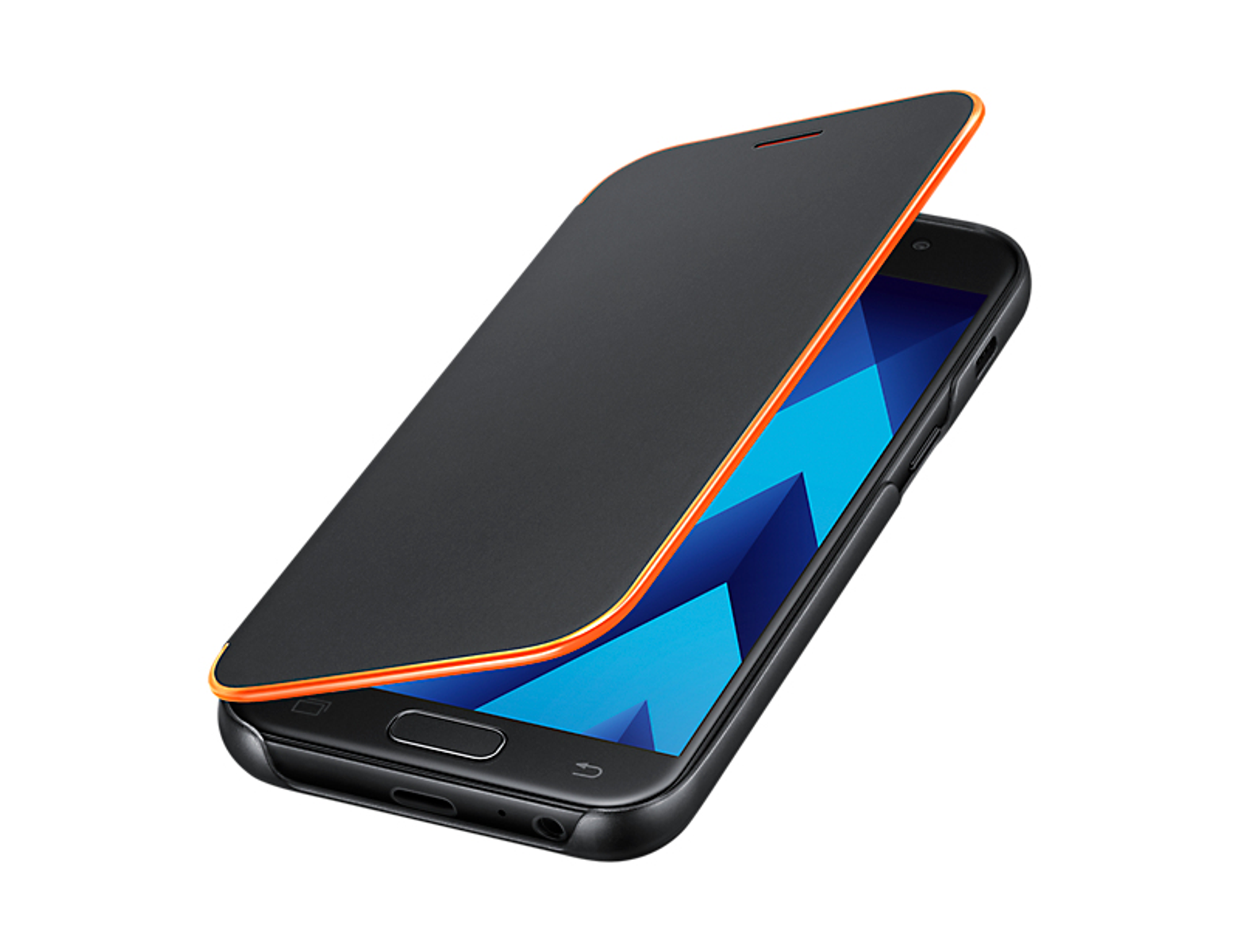 Schwarze Handyhülle mit orangefarbenem Rand. Telefon innen, Bildschirm sichtbar. Weißer Hintergrund.