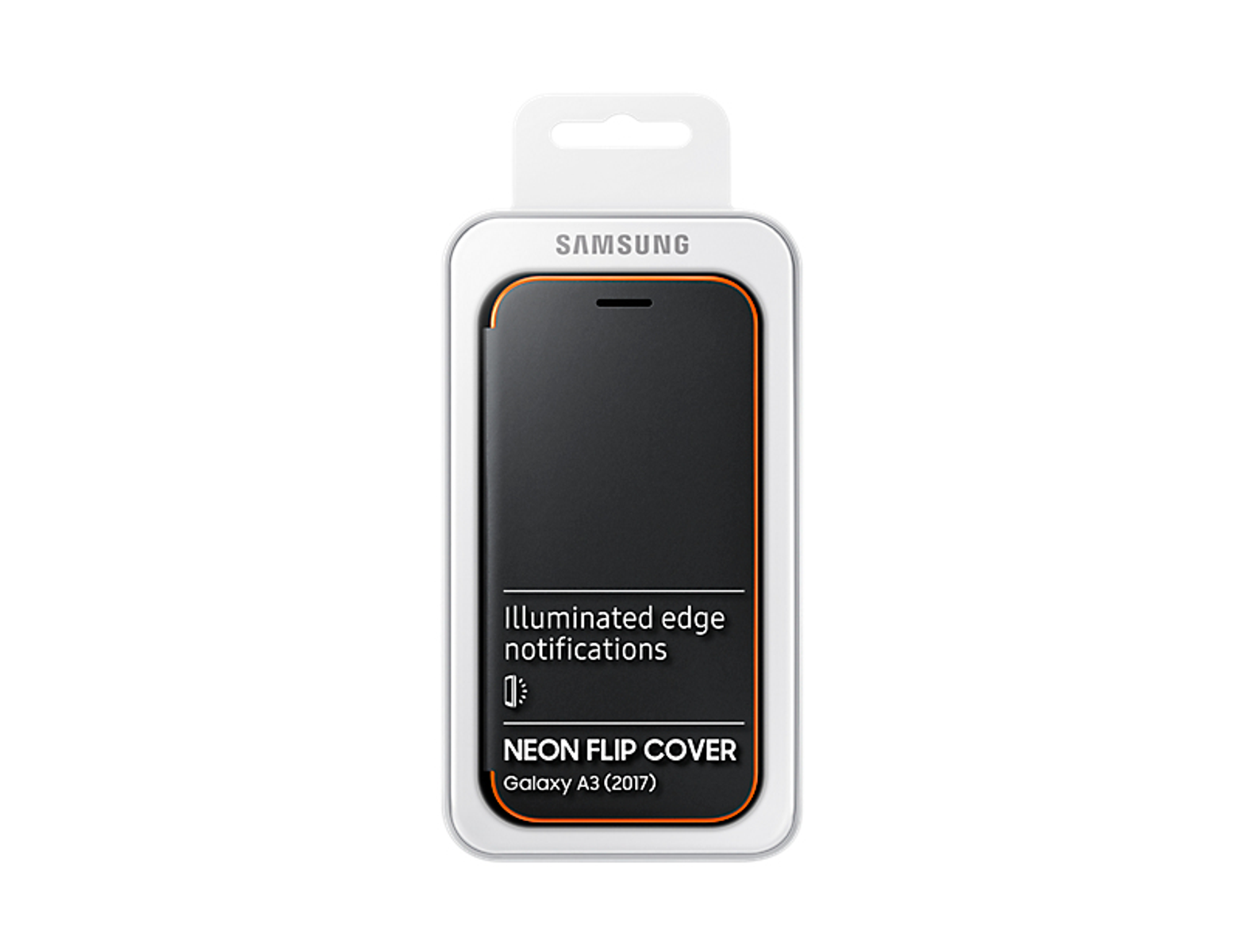 Verpackung für Samsung-Handyhülle. Weiß mit orangefarbenem Streifen und Bild eines schwarzen Telefons.