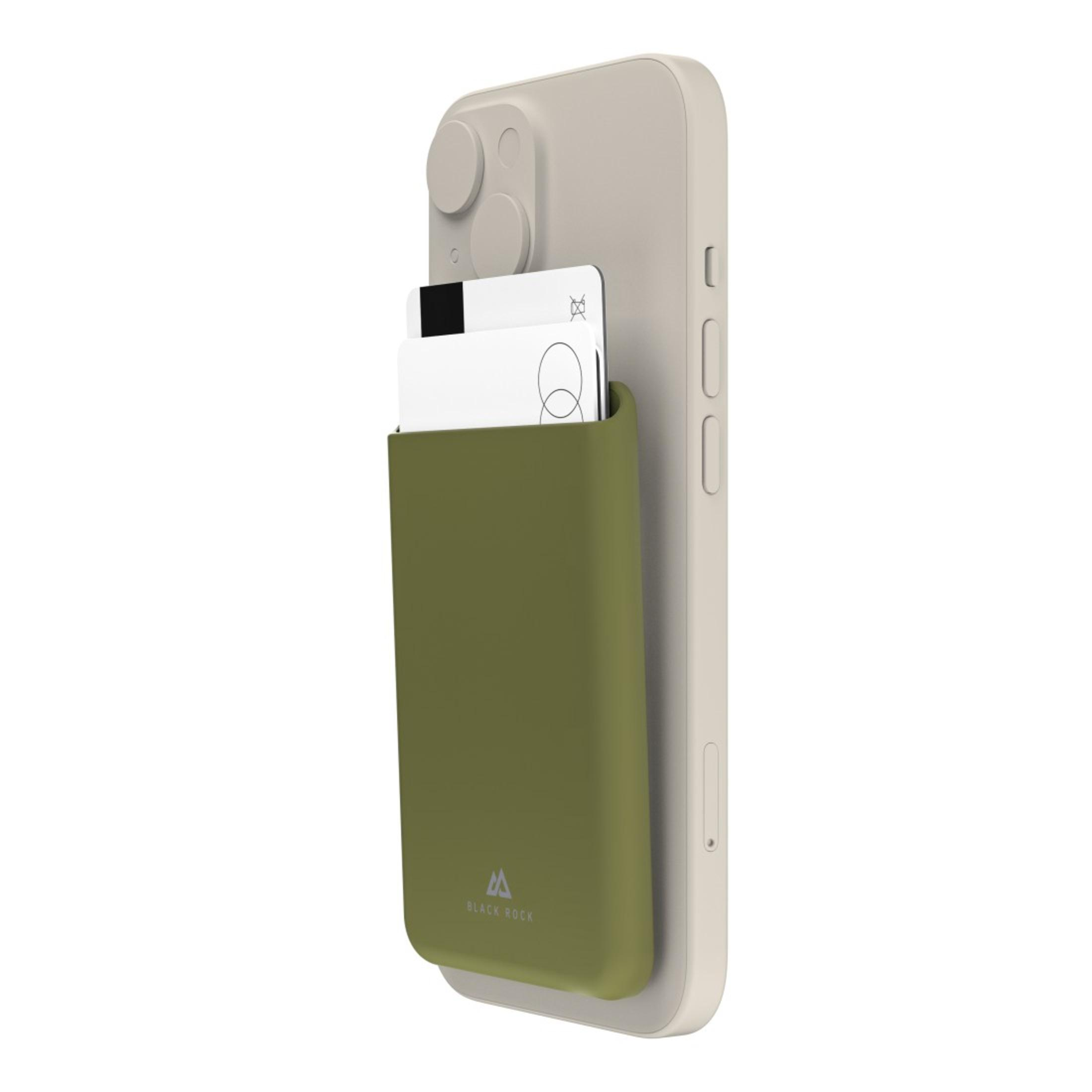 Telefon mit angebrachtem grünen Geldbörsenetui. Das Etui hat ein Black Rock-Logo und eine Karte im Inneren.