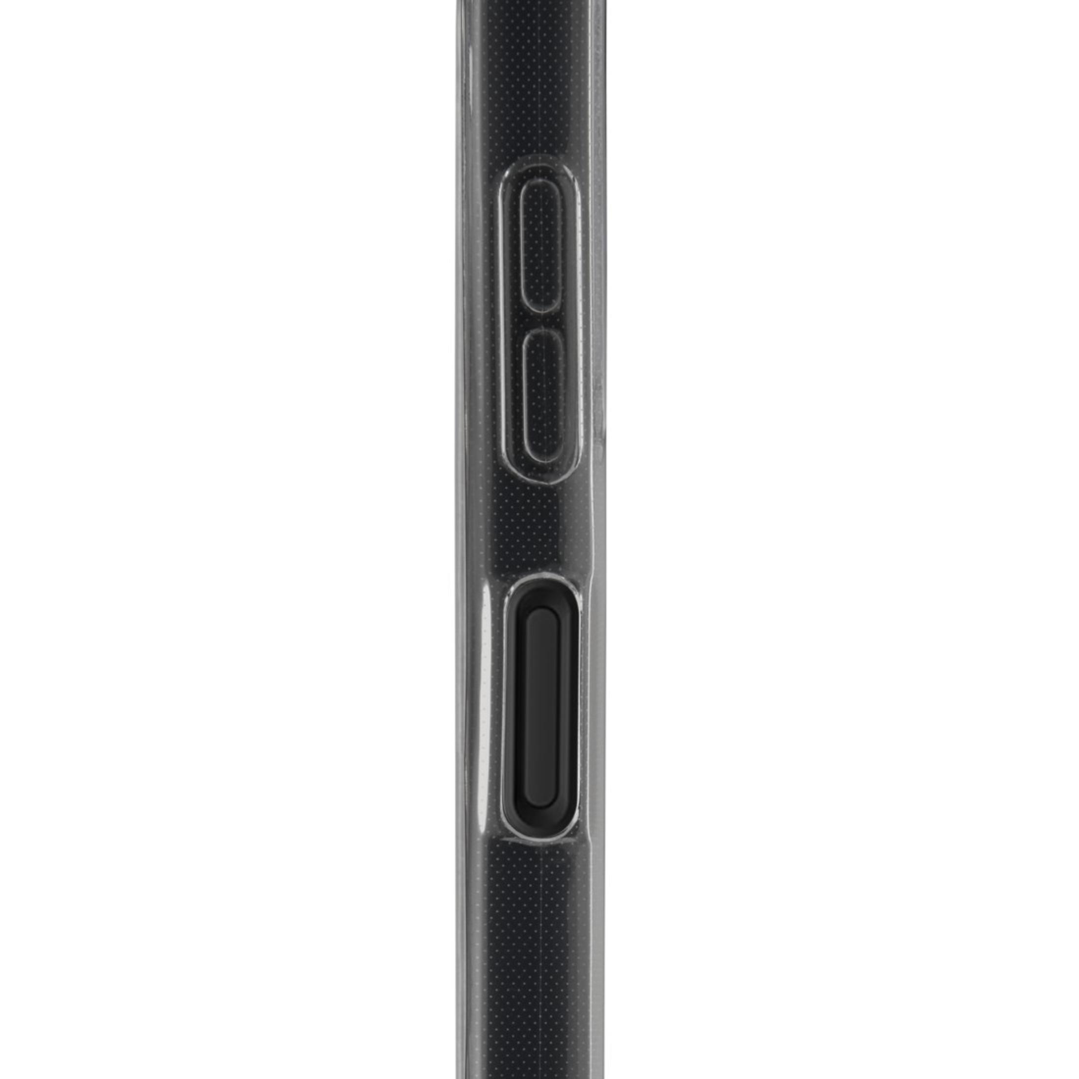 Nahaufnahme der Seite einer Telefonhülle mit Knöpfen. Die Hülle ist transparent mit einer gepunkteten Textur.
