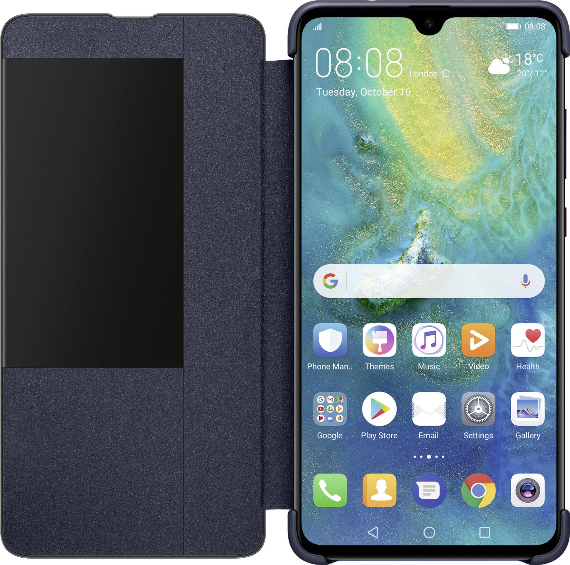 Geöffnete blaue Handyhülle mit Telefon, das den Startbildschirm anzeigt. Zeit- und Wetteranzeige. Weißer Hintergrund.