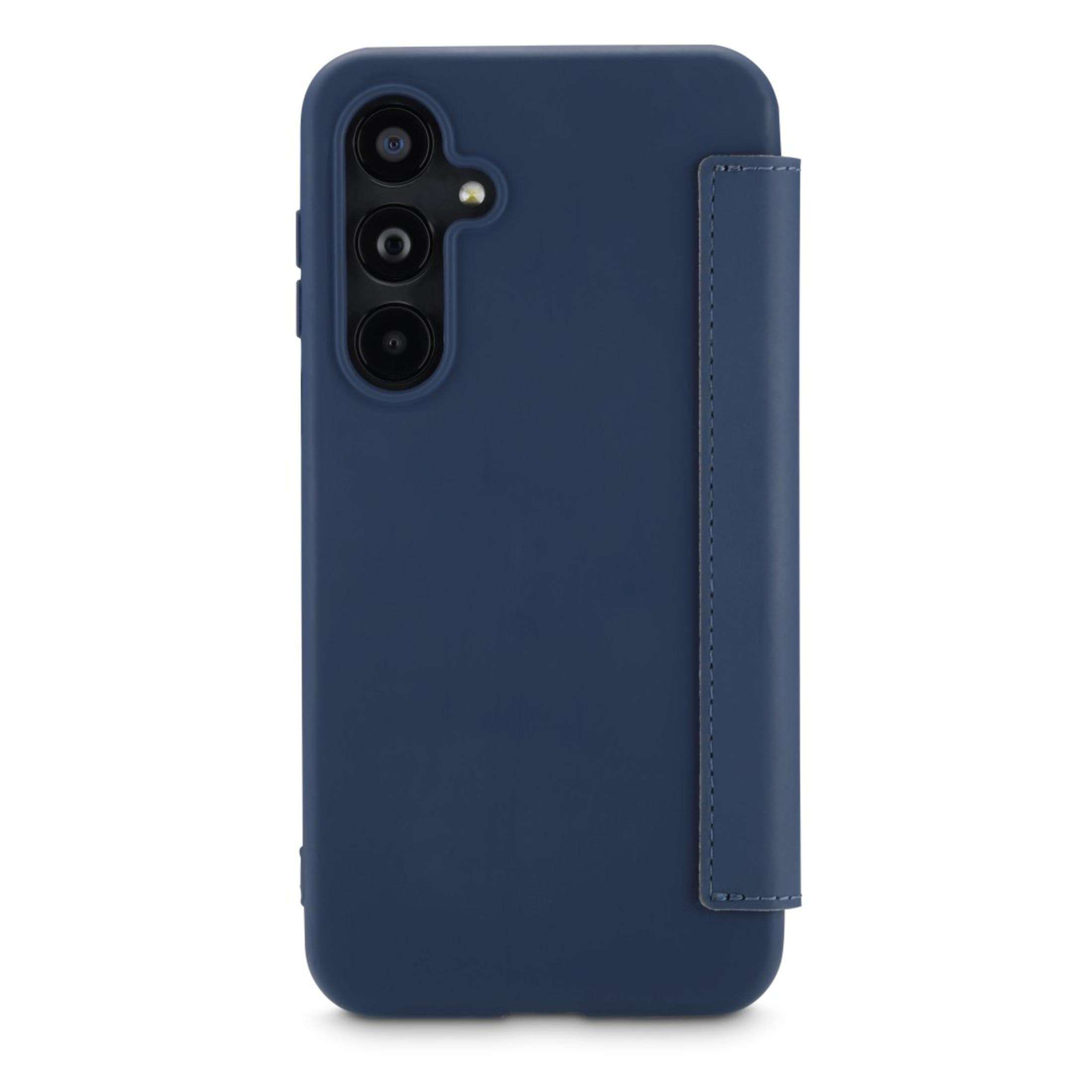 Custodia per telefono blu navy con patta a destra. Ha tre ritagli per fotocamera.