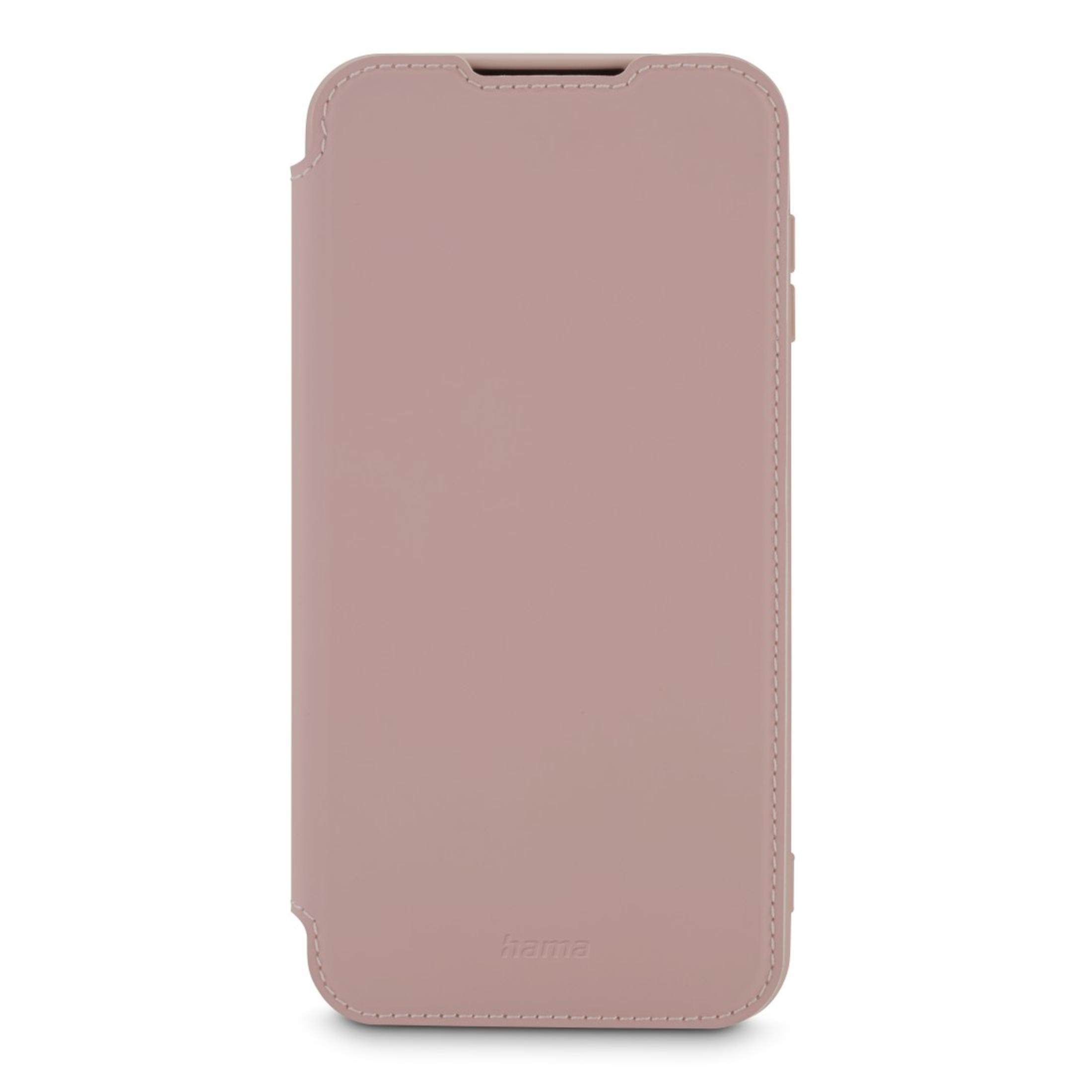 Custodia per telefono rosa, chiusa, texture simile alla pelle. Logo Hama in basso. Sfondo bianco.