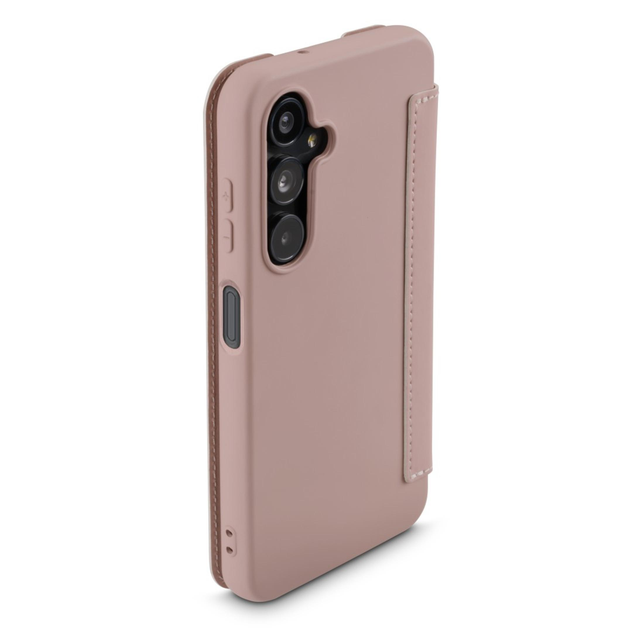 Custodia per telefono rosa con patta chiusa.