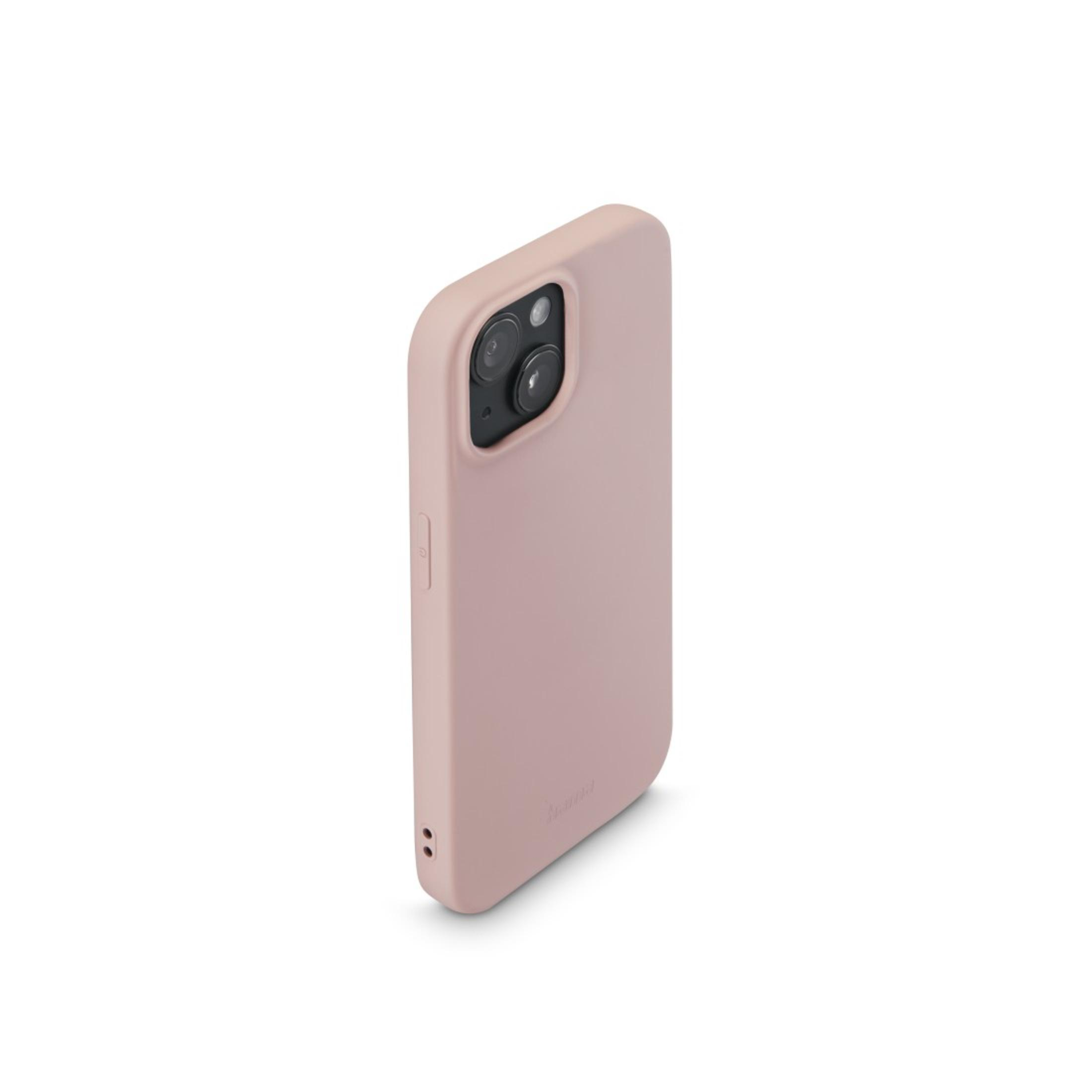 Coque de téléphone rose, vue latérale. Objectifs de l'appareil photo visibles. Fond blanc.