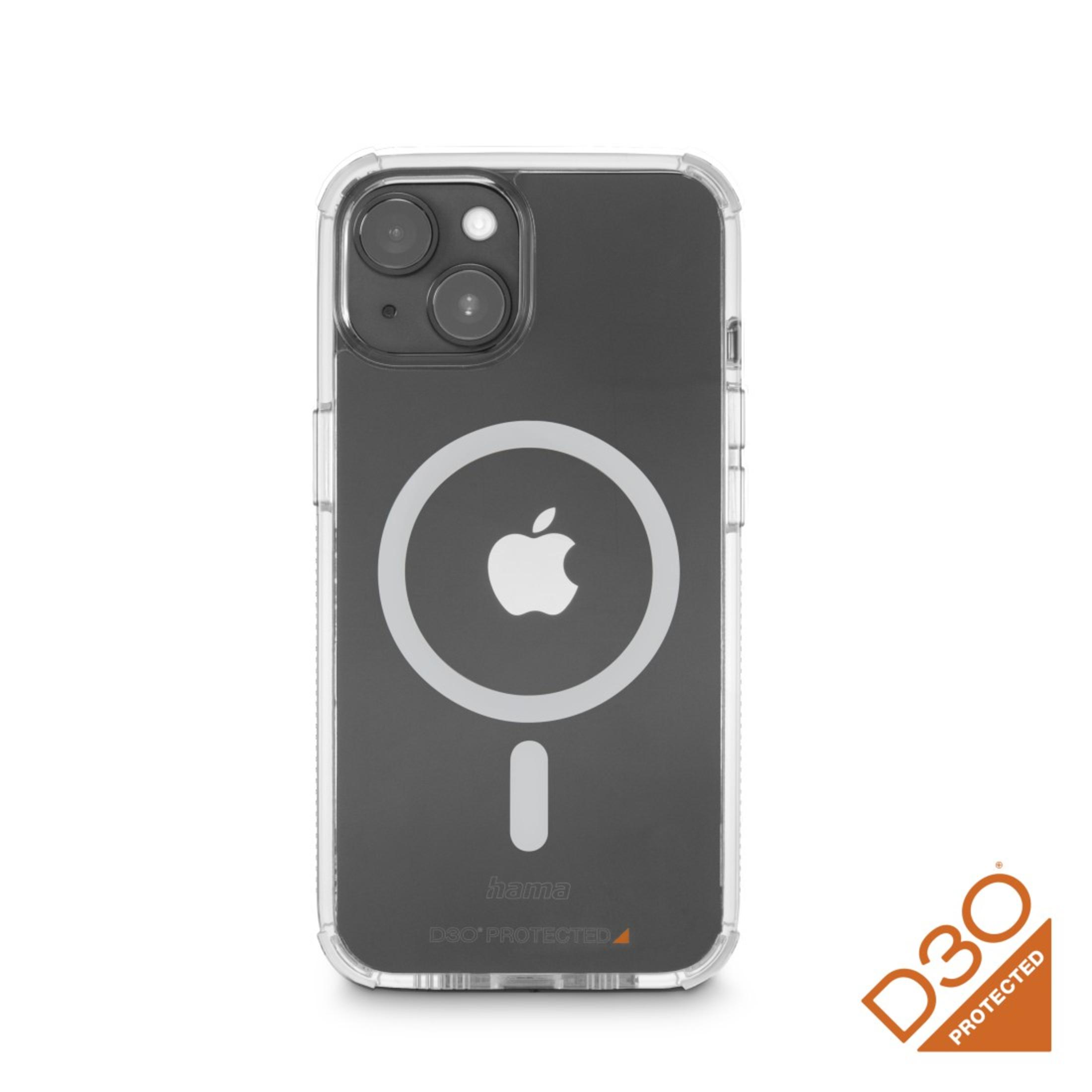 Przezroczyste etui na telefon z logo Apple, D3O Protected. Przezroczyste etui z białym logo Apple i logo D3O.