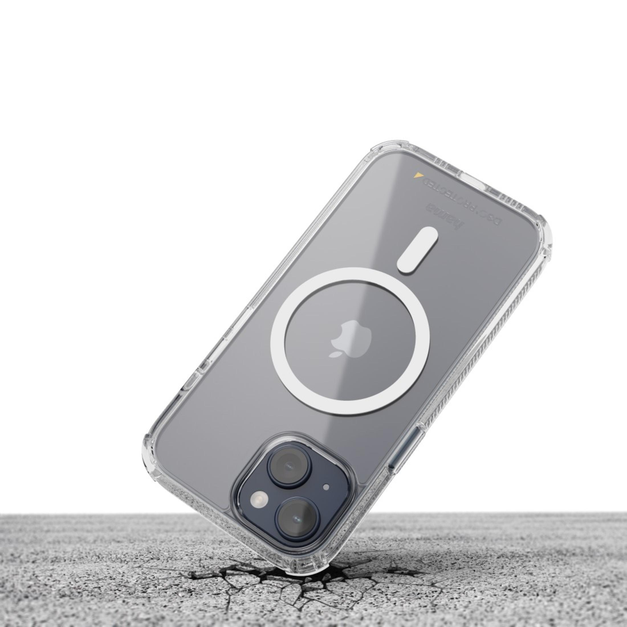 Przezroczyste etui na telefon na powierzchni. Telefon jest w etui. Aparat jest widoczny.