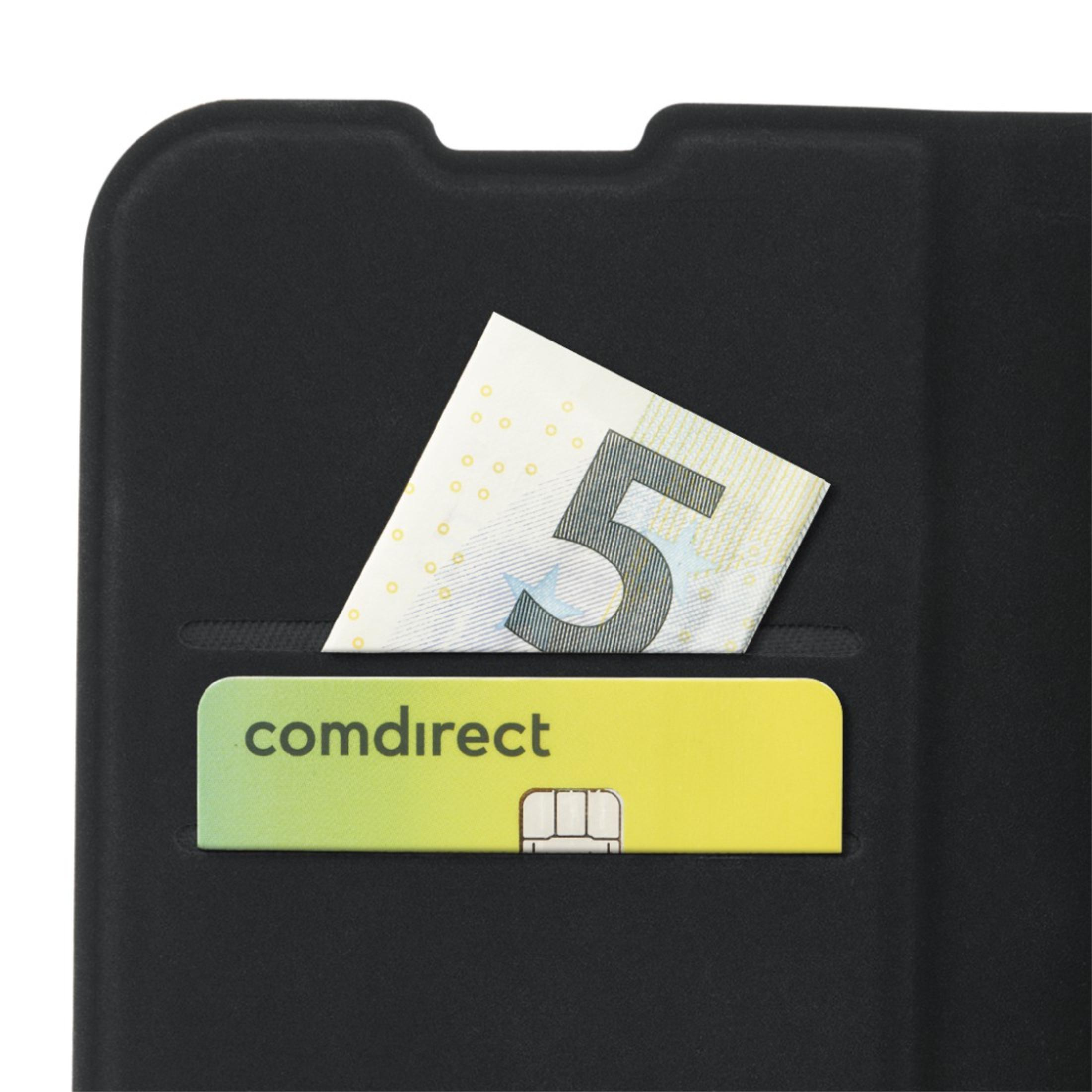 Custodia nera per telefono con carta e banconota all'interno. Logo Comdirect visibile.