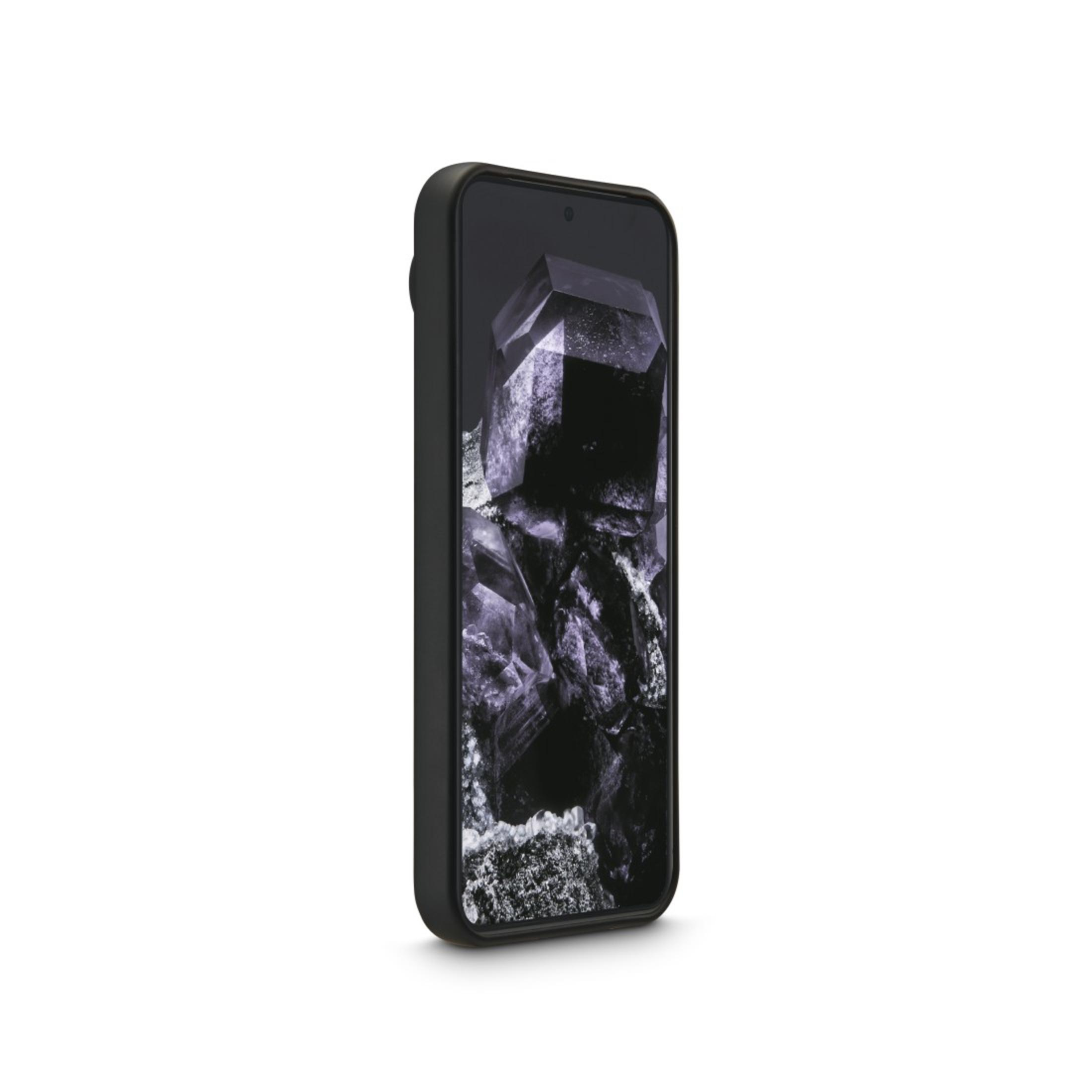 Schwarzes Telefon in einer Hülle, mit einem strukturierten Bildschirm, der ein Mineralbild zeigt.