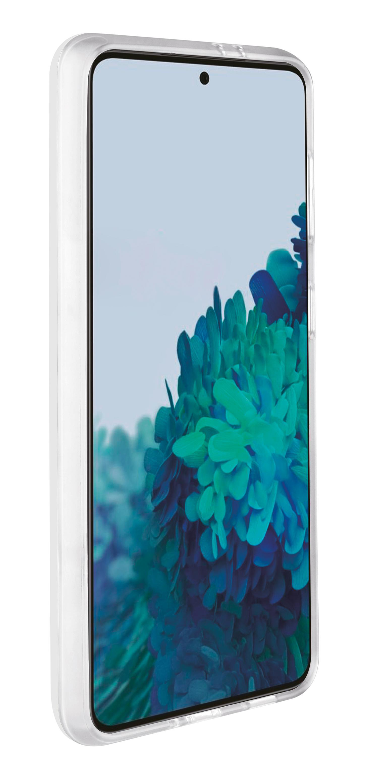 Custodia trasparente sul telefono, che mostra un motivo blu e verde. Sfondo bianco.