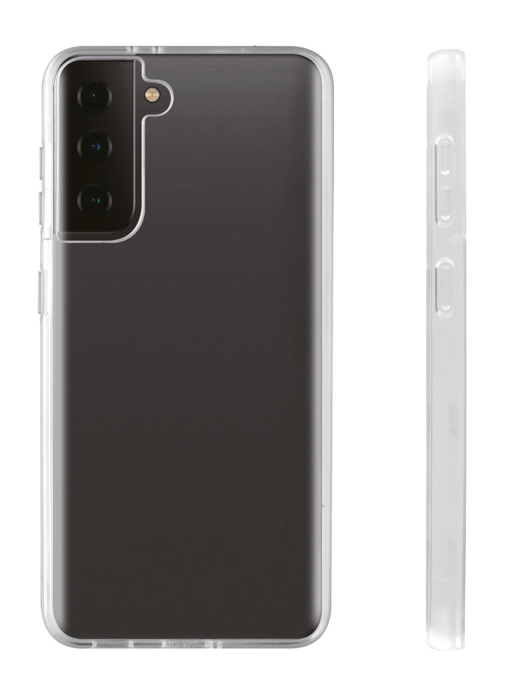 Una custodia trasparente per telefono di lato, con un telefono all'interno. Il telefono ha tre fotocamere.