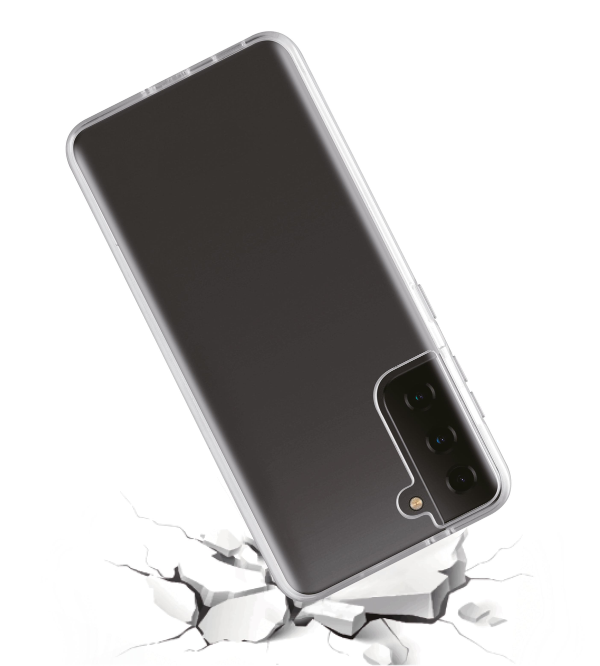 Custodia per telefono che cade a terra. Il telefono è nella custodia. Sfondo bianco.
