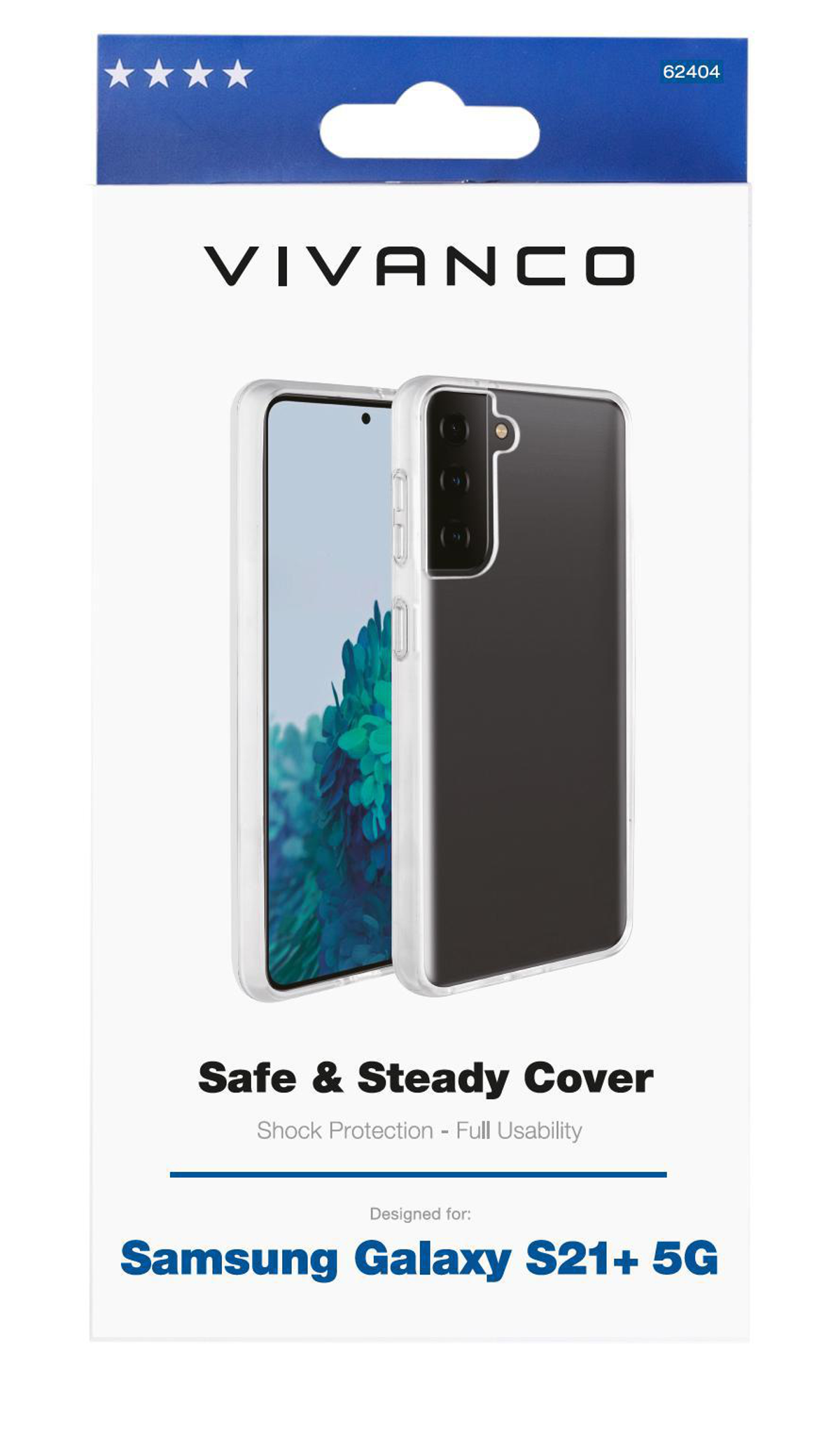 Custodia per telefono in una confezione, con un telefono visibile. Testo: Safe & Steady Cover, per Galaxy S21+ 5G.