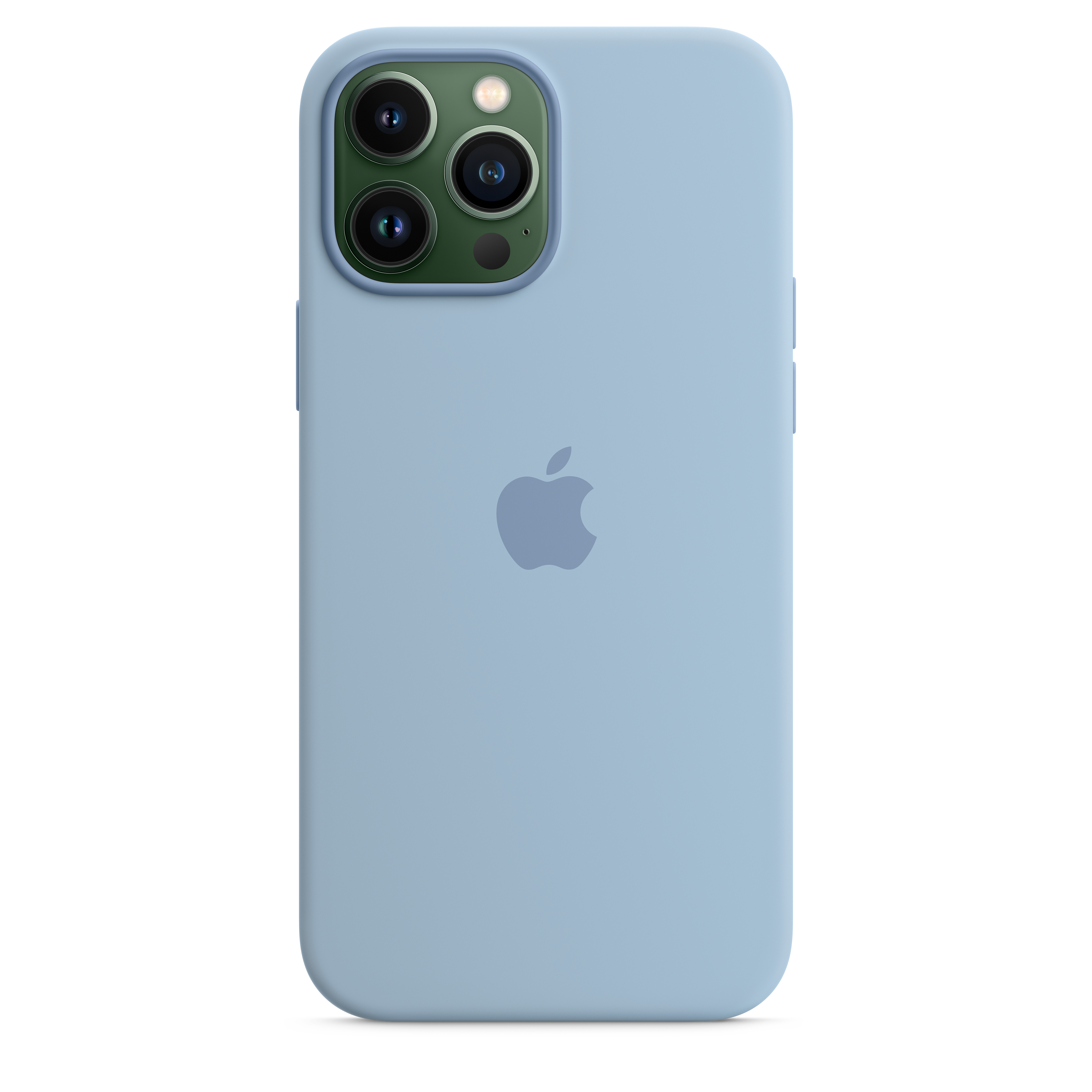 Light blue iPhone case with three camera lenses and Apple logo.