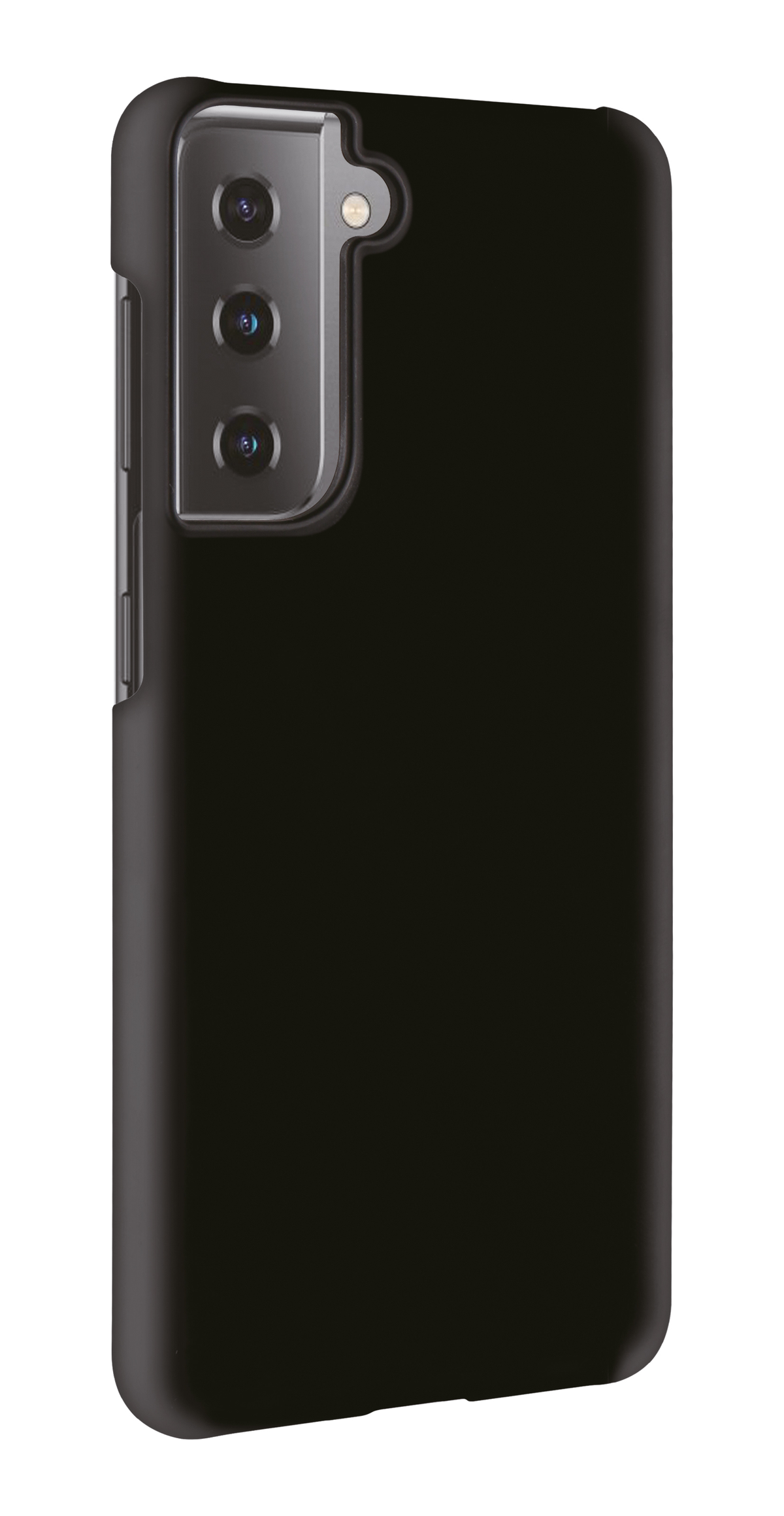 Custodia nera con tre fotocamere sul retro. La custodia è su un telefono.