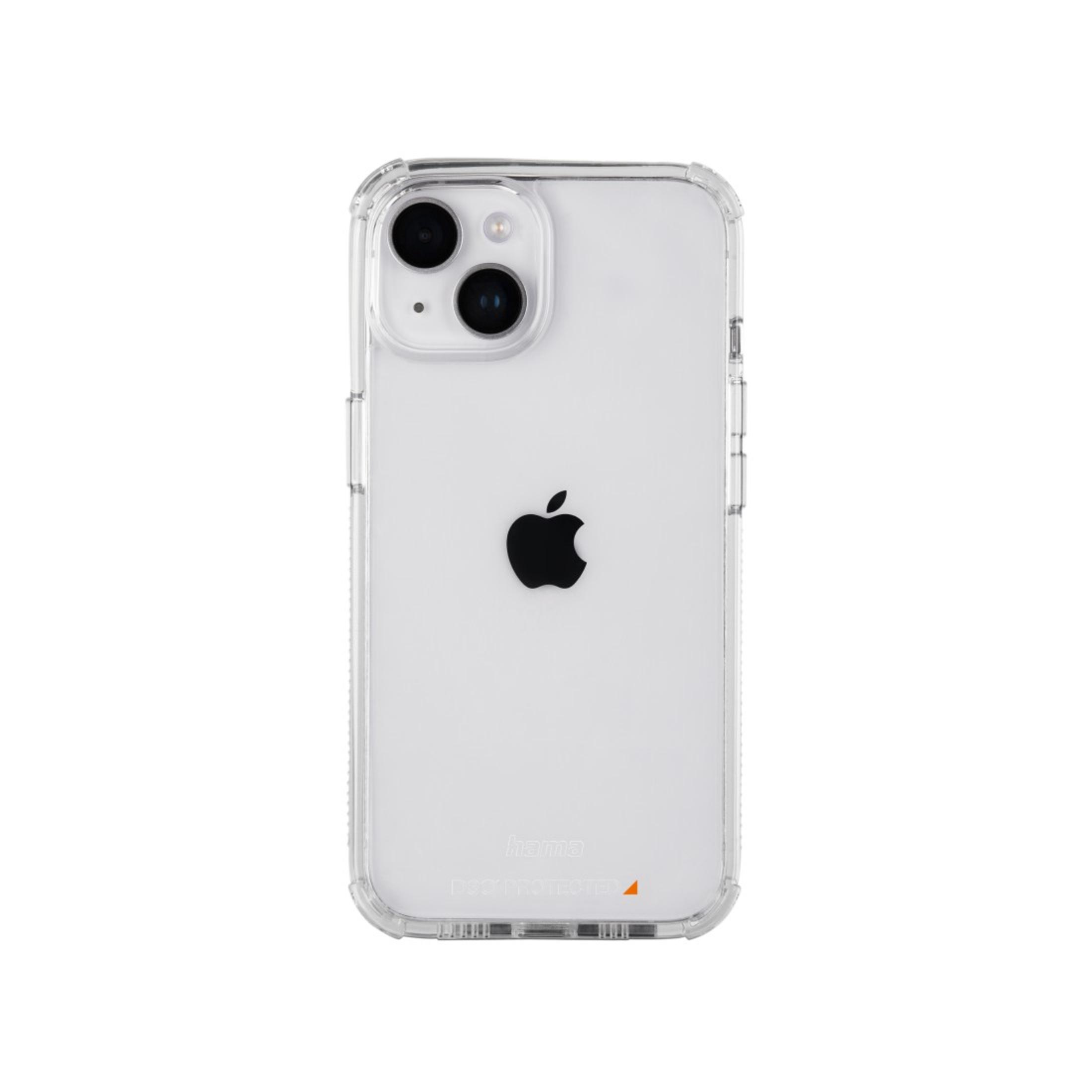 Transparente Handyhülle mit Apple-Logo, zwei Kameras, auf Weiß.