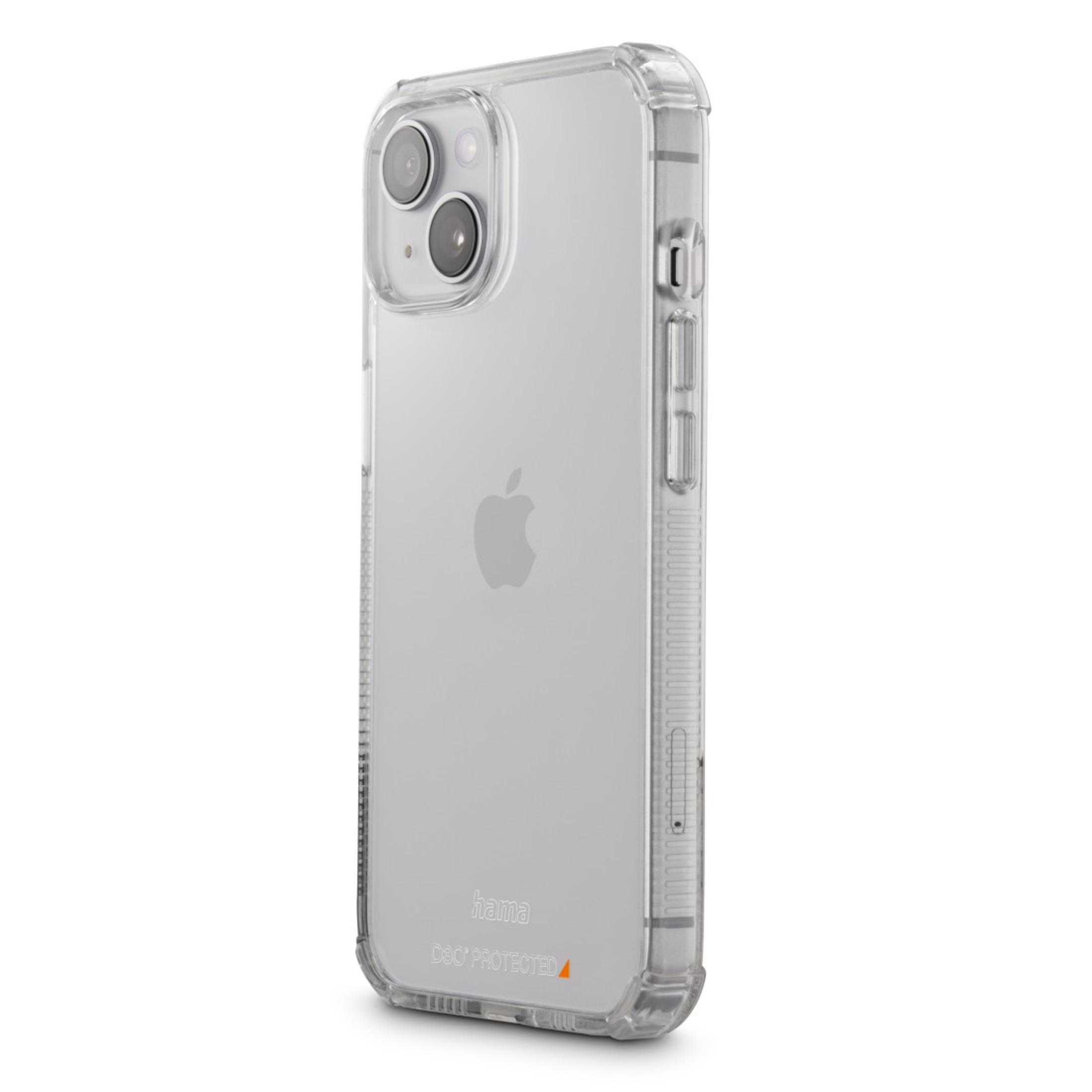 Transparente Handyhülle mit einem iPhone. Hülle hat einen Kameraausschnitt und Knöpfe an der Seite.