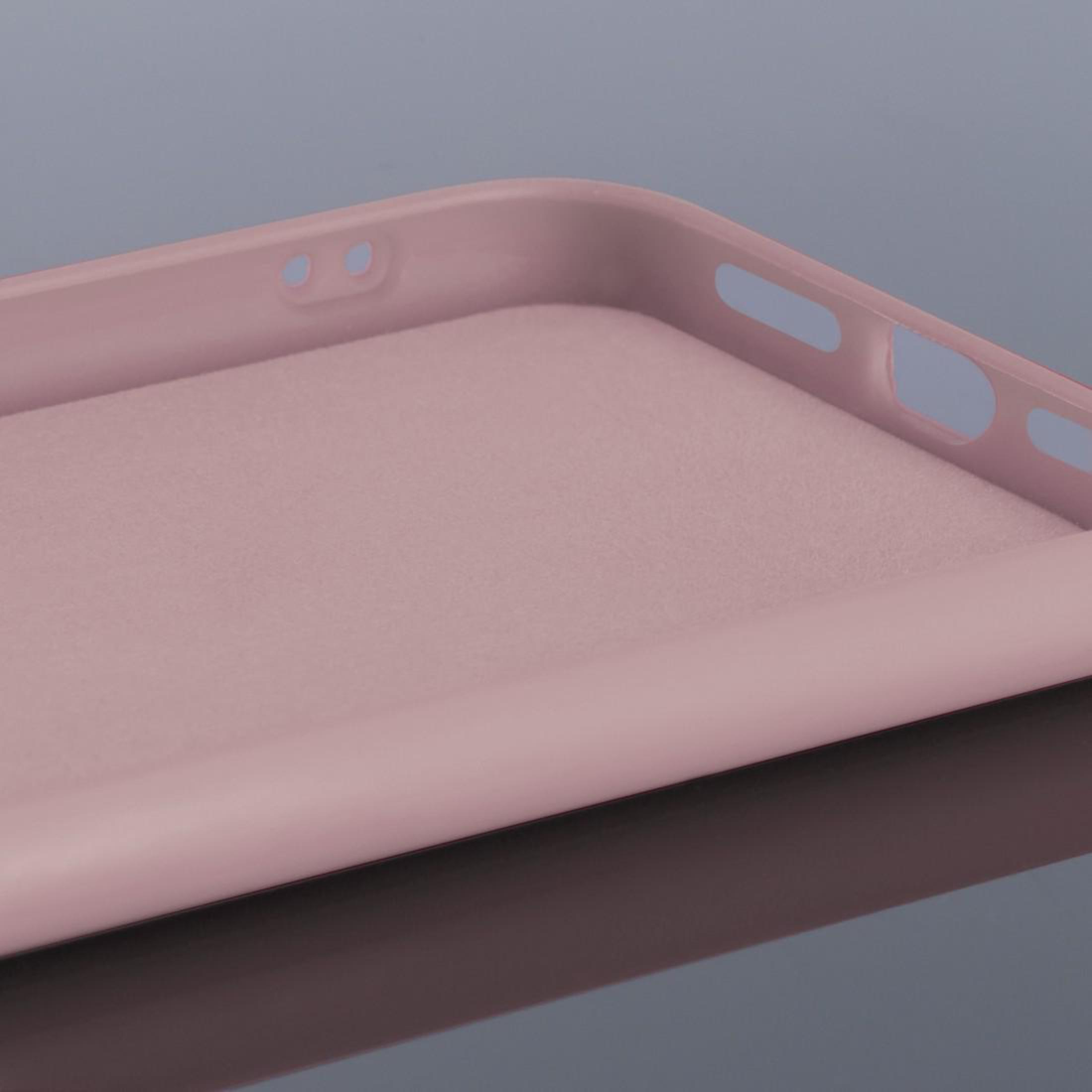 Wnętrze różowego etui na telefon, miękka faktura, z wycięciami na aparat i inne funkcje telefonu.