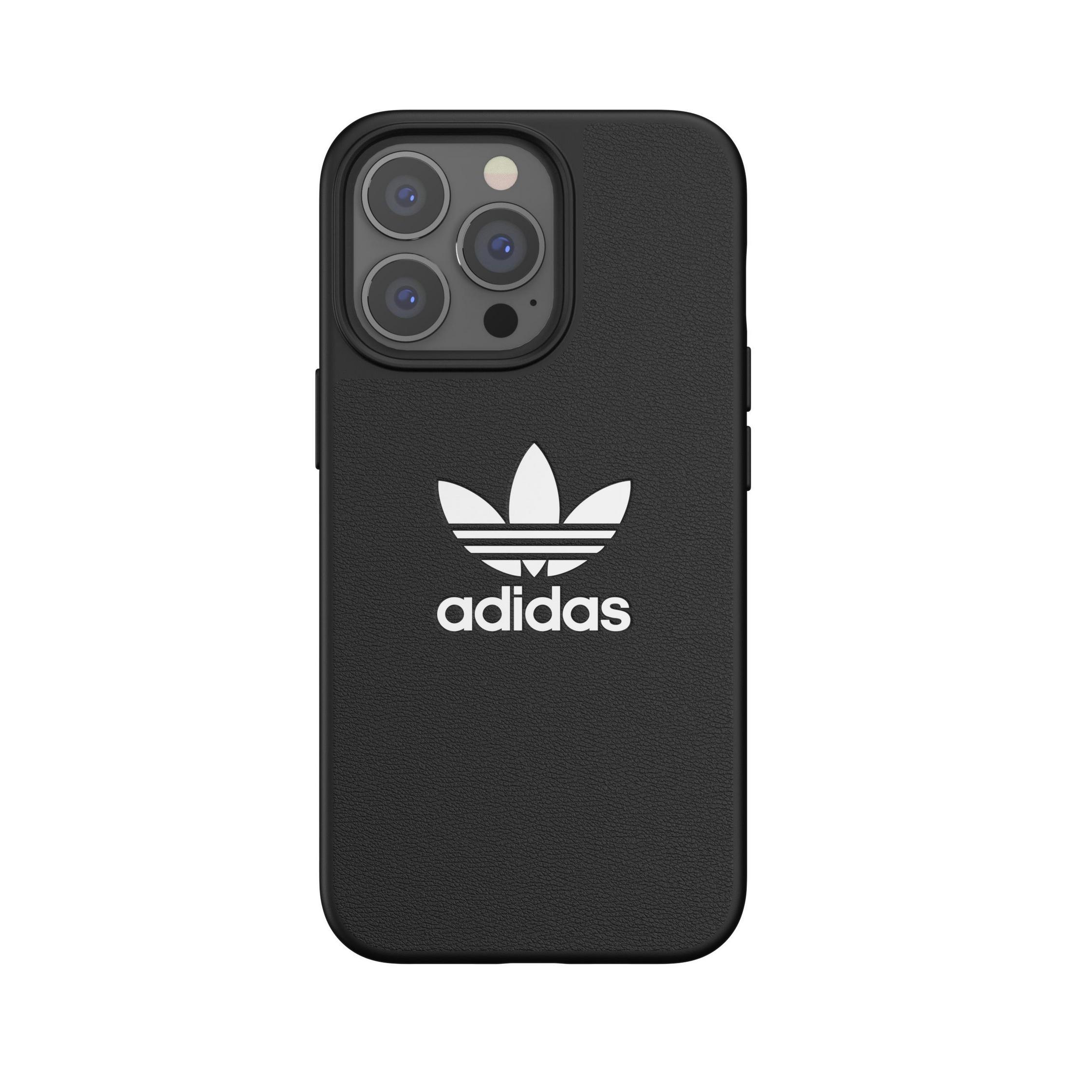 Custodia per telefono nera con logo Adidas bianco. Lo sfondo è nero.