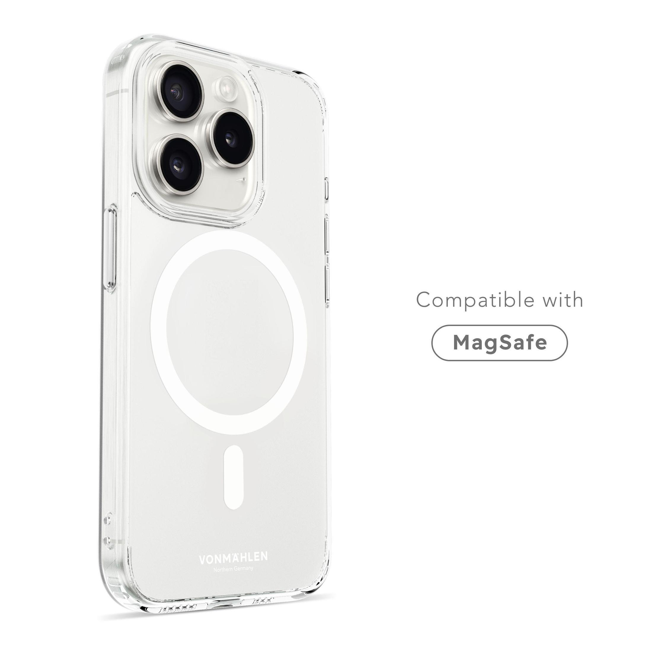 Eine transparente Handyhülle mit einem MagSafe-Ring und dem Text "Compatible with MagSafe".