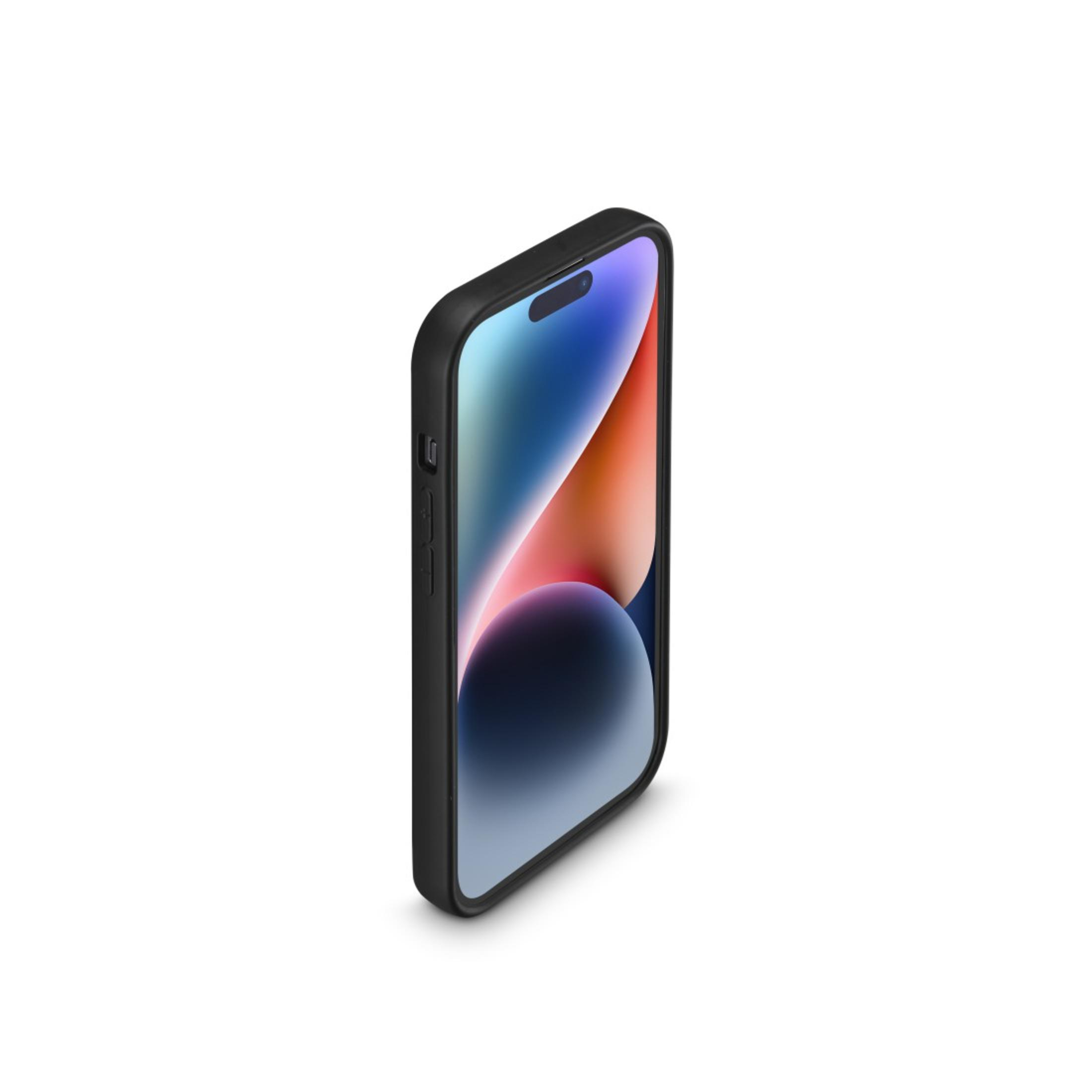 Ein Smartphone in einer schwarzen Hülle, das einen bunten Bildschirm zeigt. Das Telefon ist schräg gestellt.