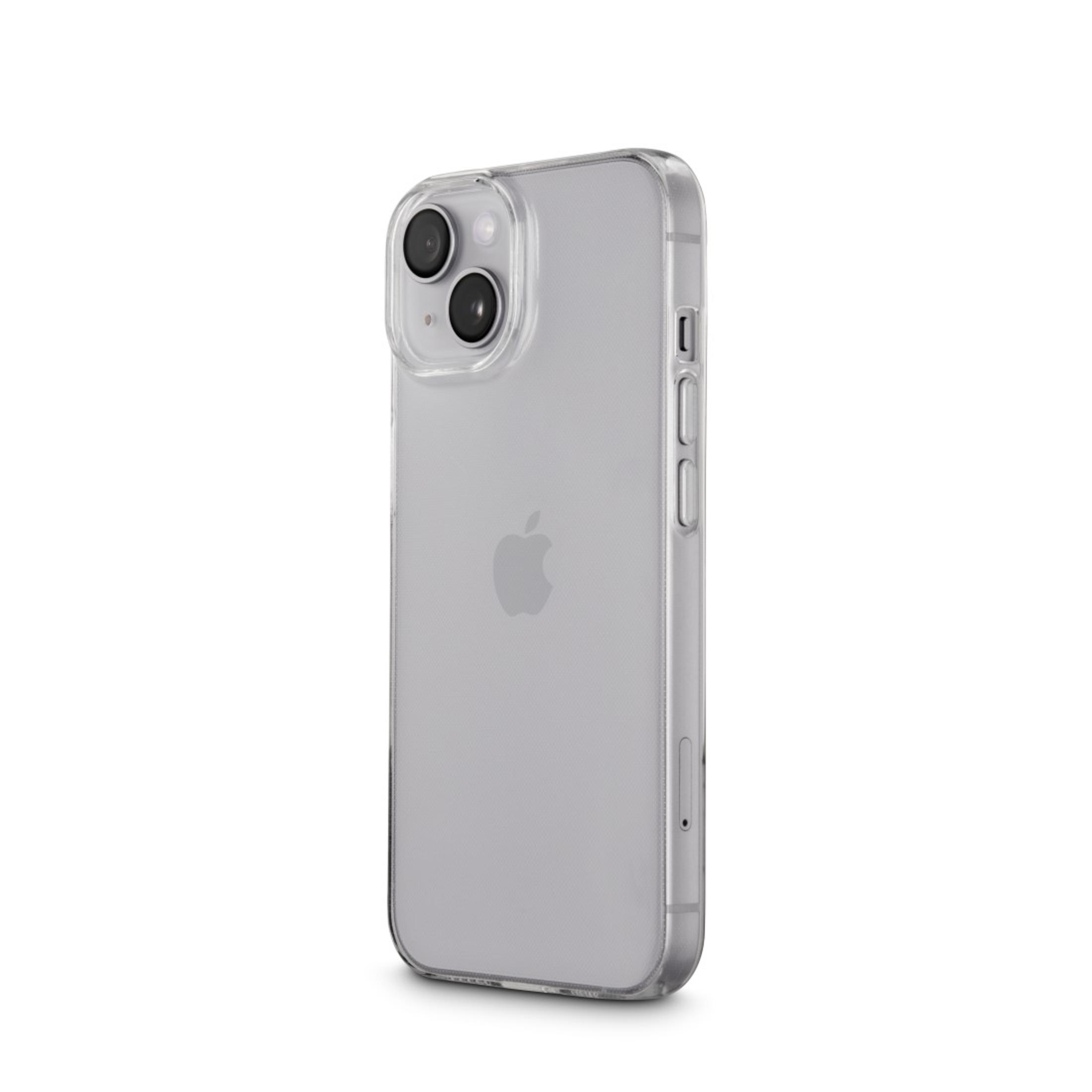 Custodia trasparente con telefono. Il telefono ha fotocamera e logo Apple.