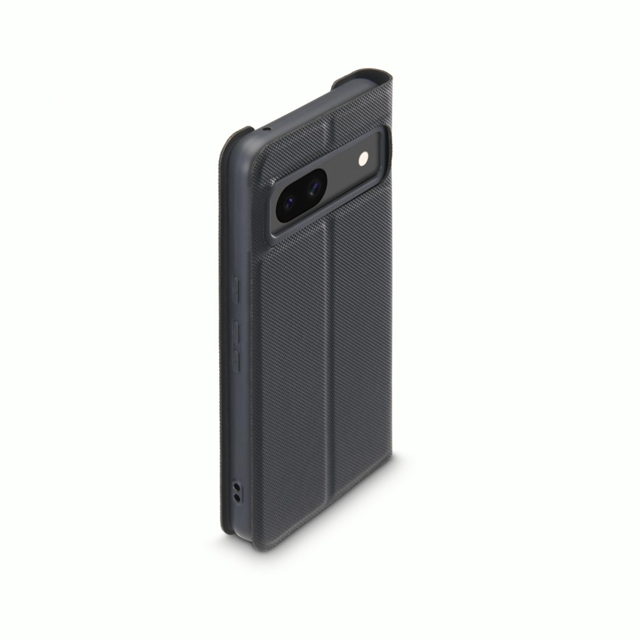 Custodia per telefono grigio scuro con superficie strutturata. La custodia è aperta, rivelando il telefono.