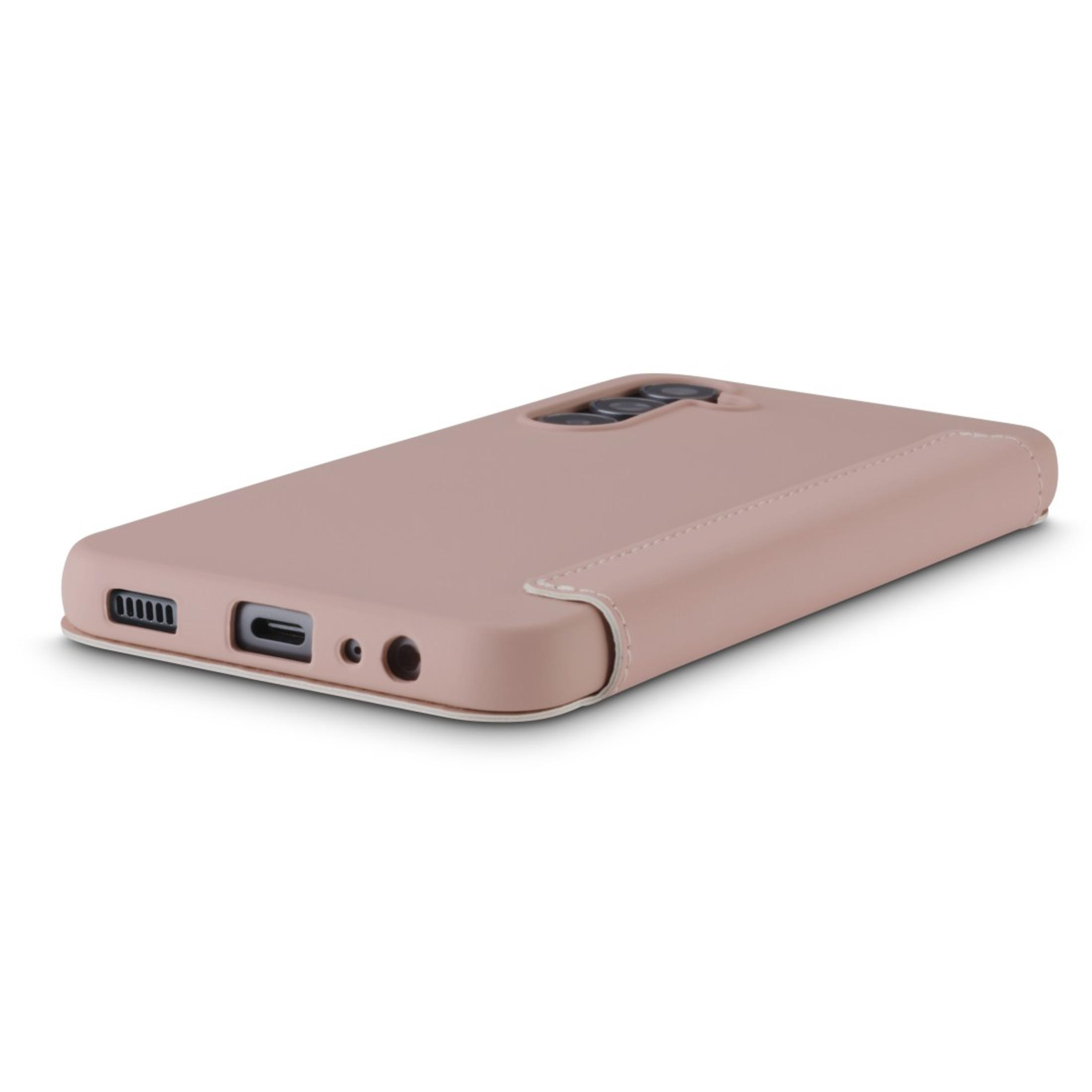 Custodia per telefono rosa, vista posteriore, con fotocamera e foro, su una superficie bianca.