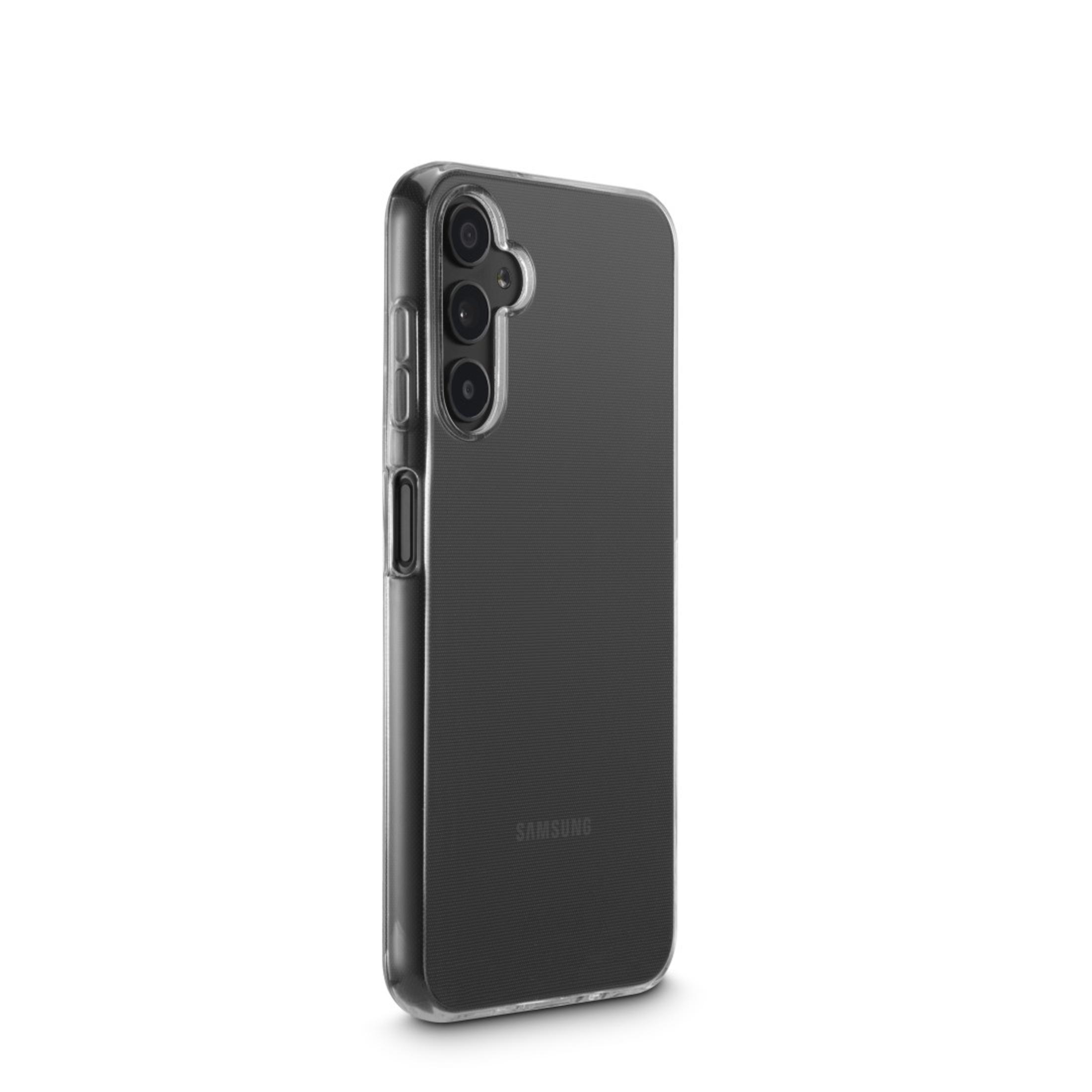 Transparente Handyhülle. Auf weißer Oberfläche. Ein Telefon mit drei Kameras im Inneren.