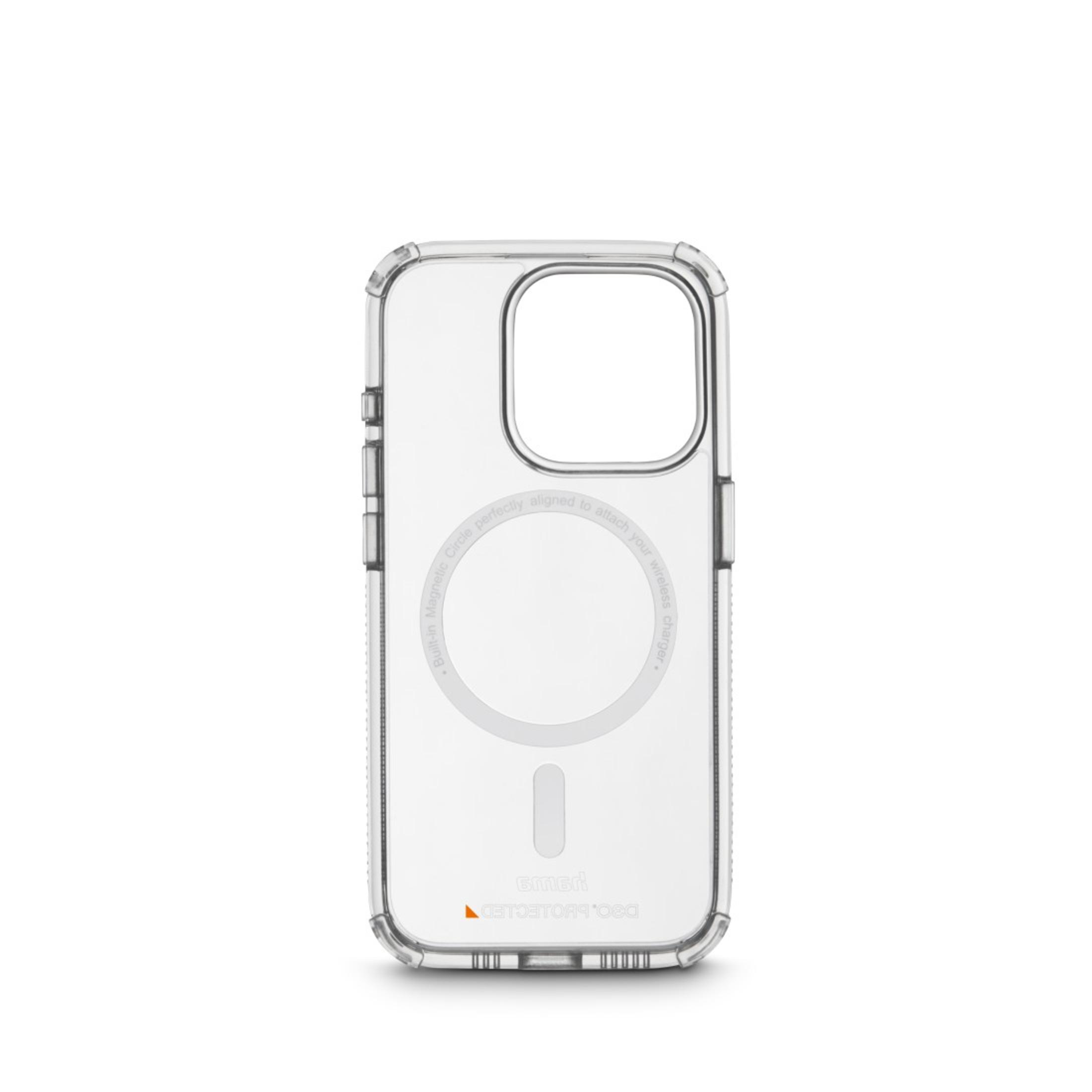 Custodia trasparente per telefono. Ha un cerchio magnetico e un ritaglio per la fotocamera.