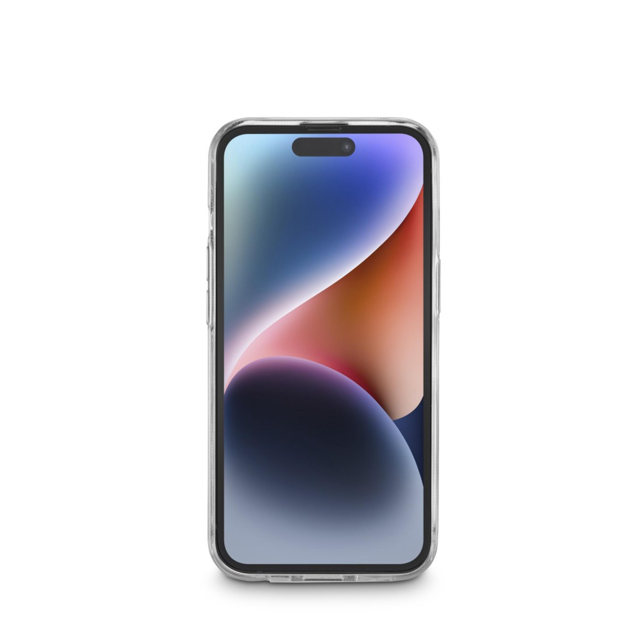 Smartfon z przezroczystym etui z kolorową abstrakcyjną tapetą na białym tle.