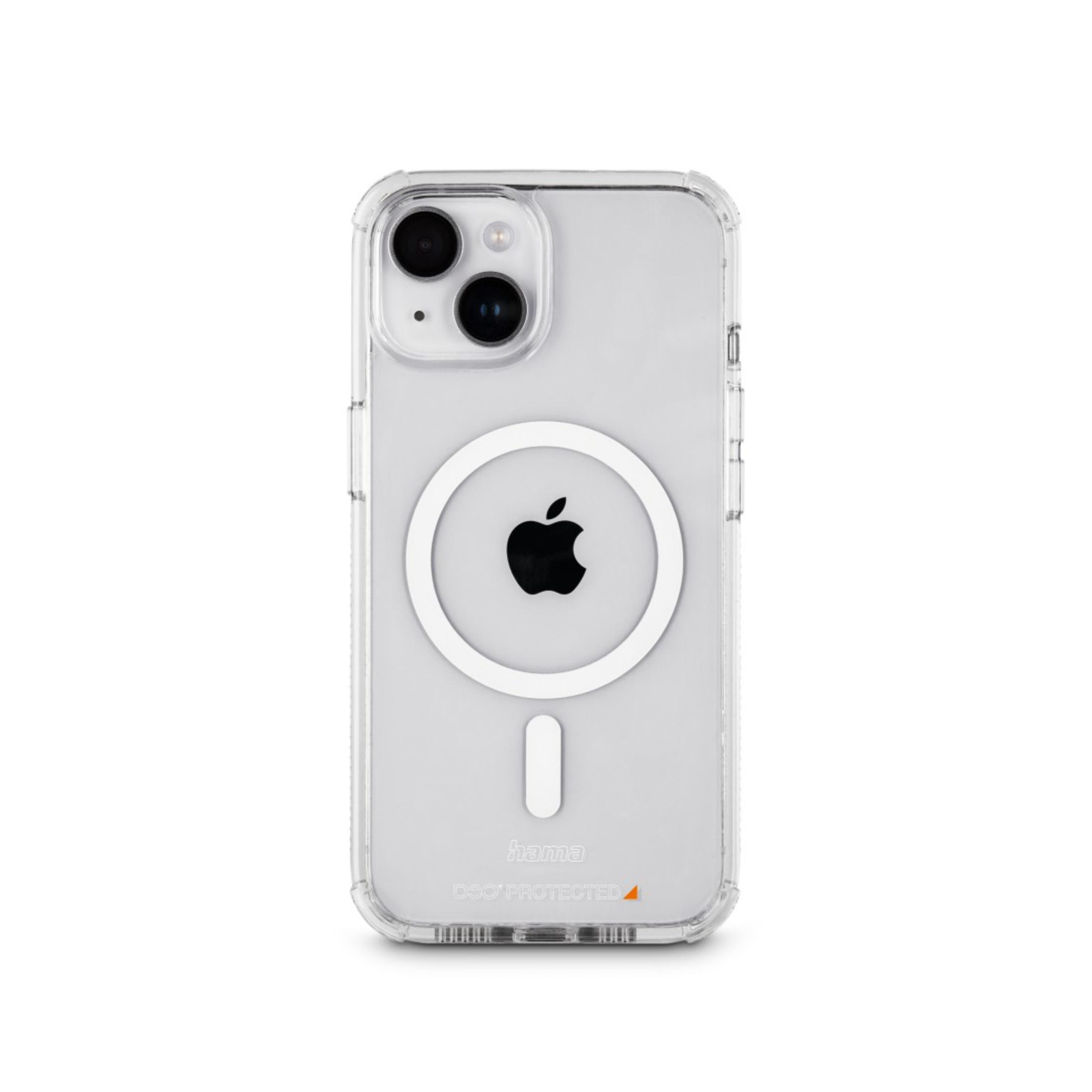 Custodia trasparente per telefono con cerchio bianco e logo Apple.
