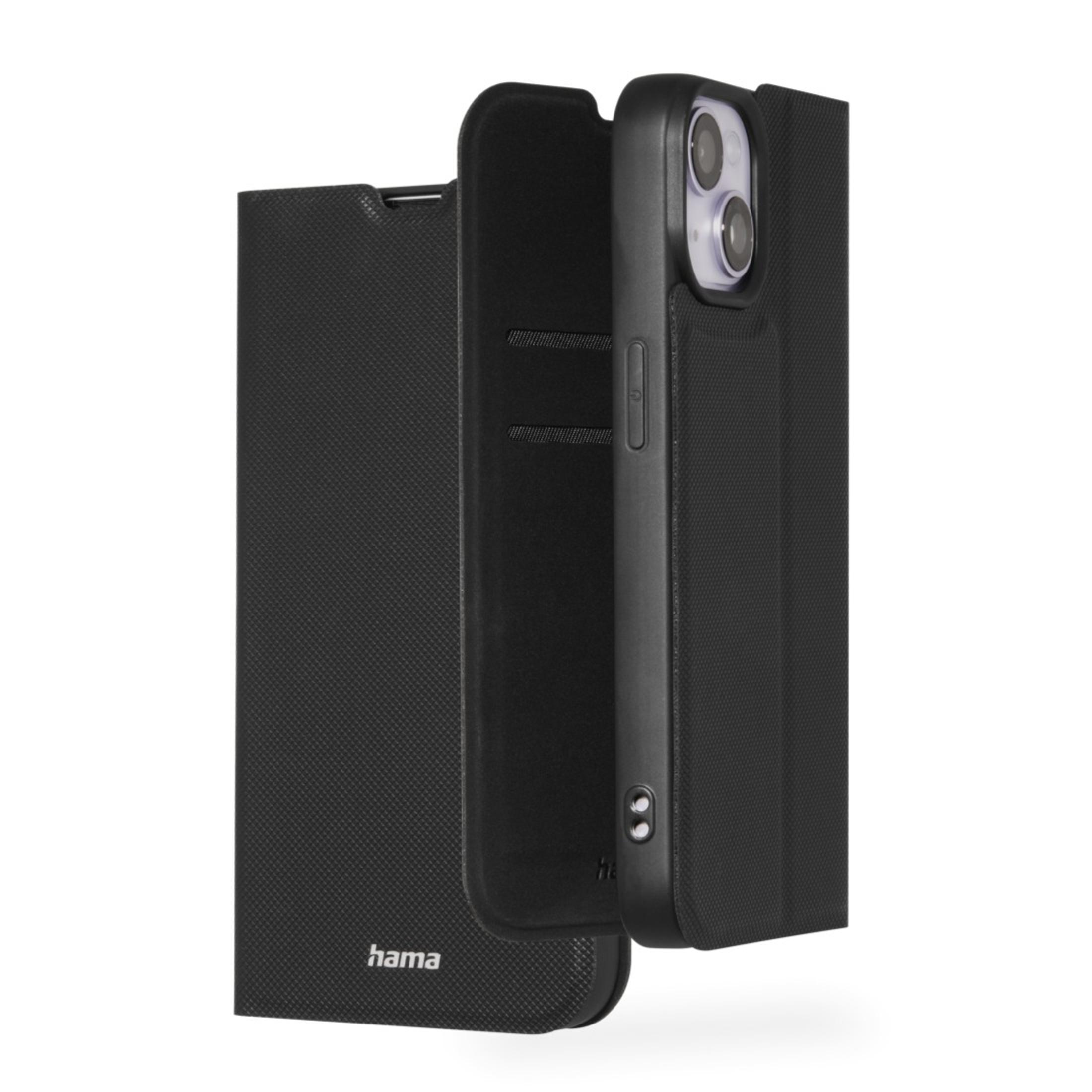 Custodia per telefono nera aperta, interno in pelle nera, telefono a destra, sfondo bianco.