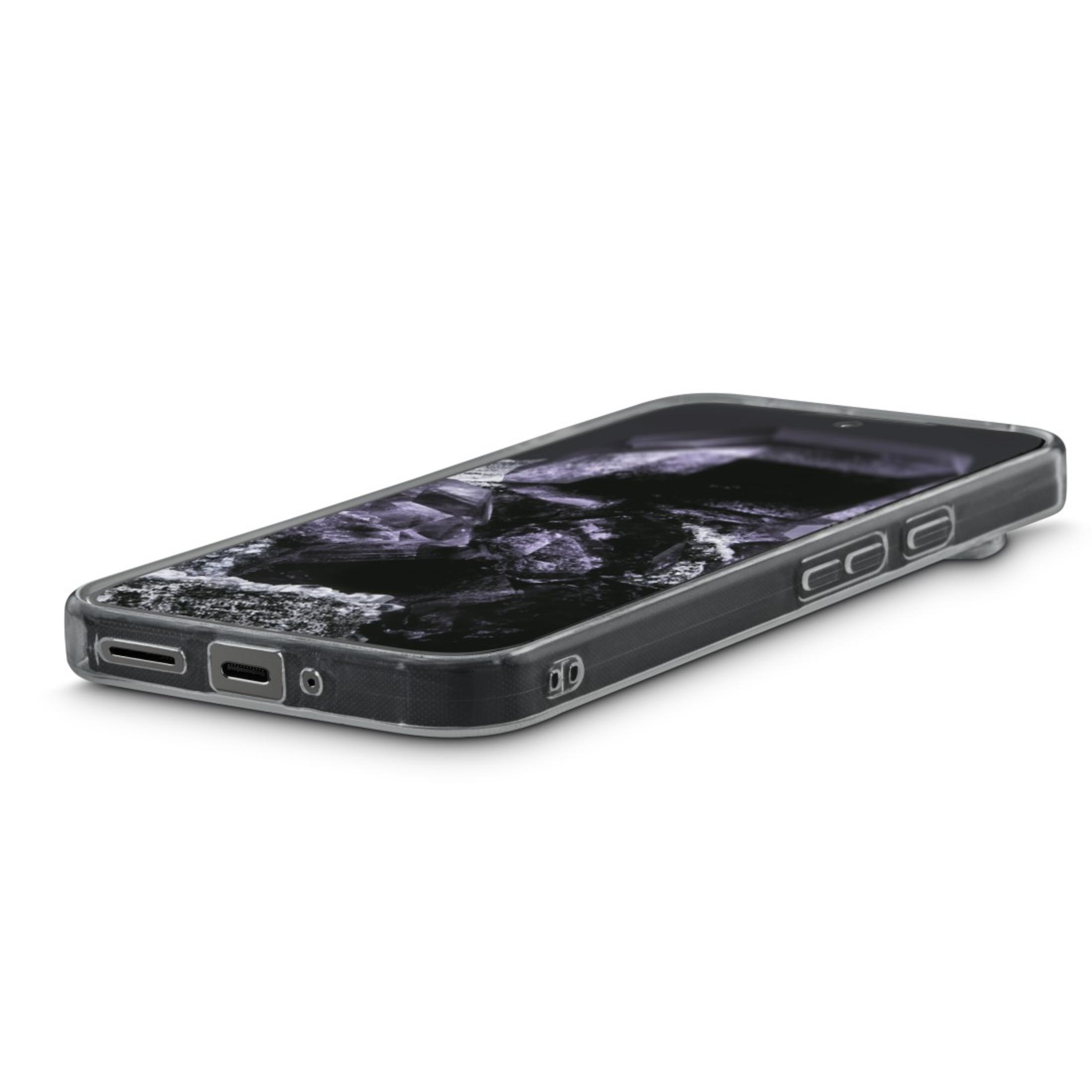 Téléphone dans un étui transparent, vue en angle. Montre l'écran du téléphone et la zone de la caméra.