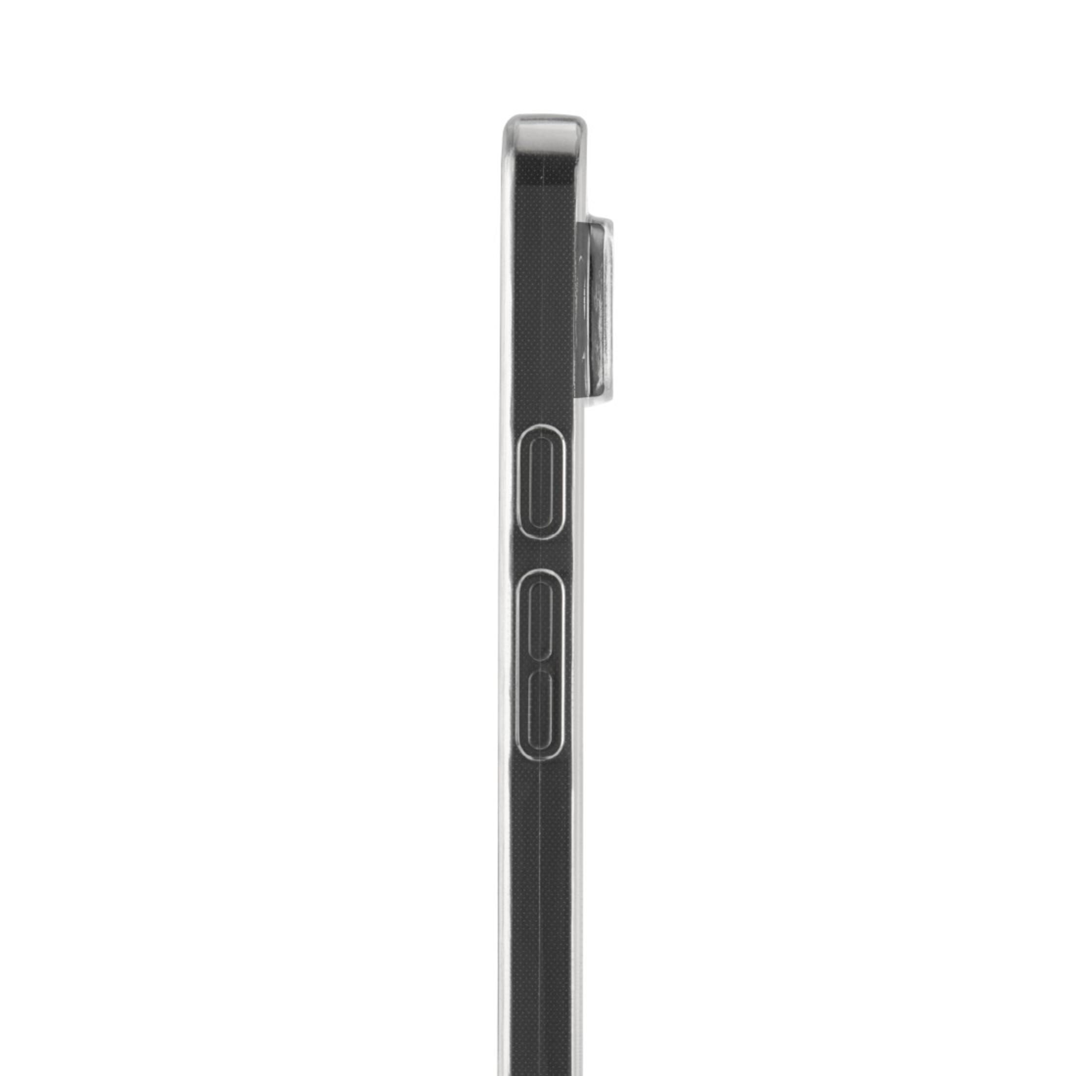 Vue latérale d'une coque transparente avec boutons de volume et d'alimentation.