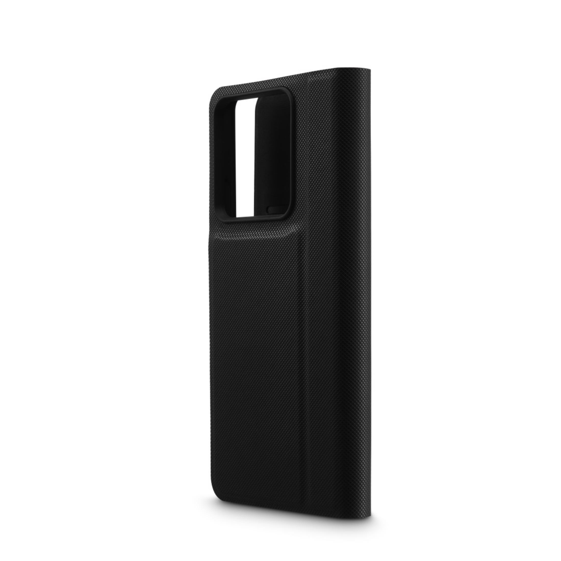 Custodia per telefono nera con apertura per fotocamera. Sfondo bianco.