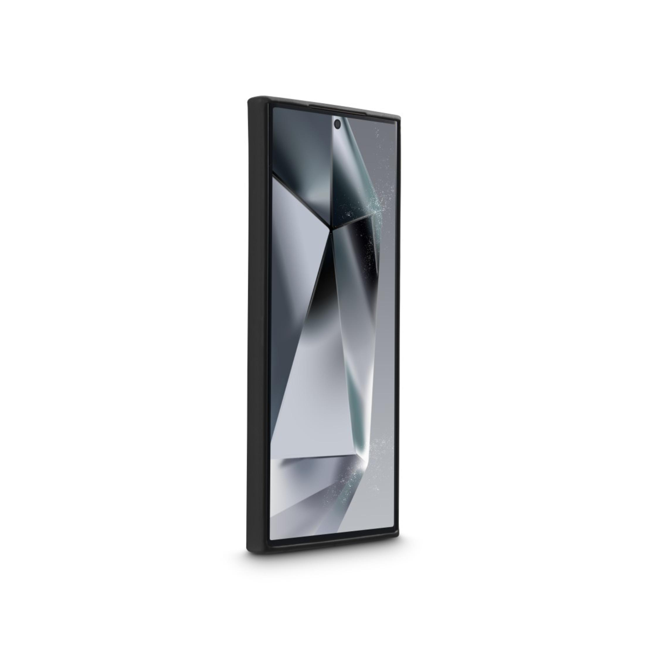 Un téléphone noir avec un écran affichant un motif géométrique. Le téléphone est dans un étui. Fond blanc.