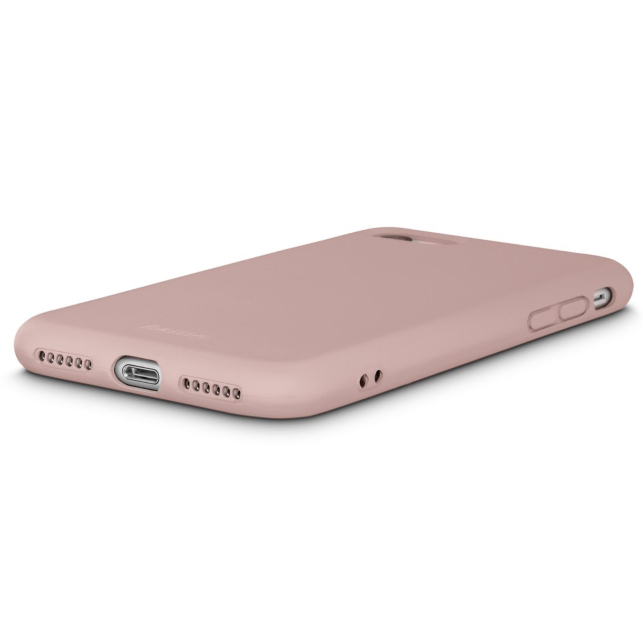 Una custodia rosa per telefono su una superficie bianca. La custodia ha un foro per la fotocamera e ritagli per i pulsanti.