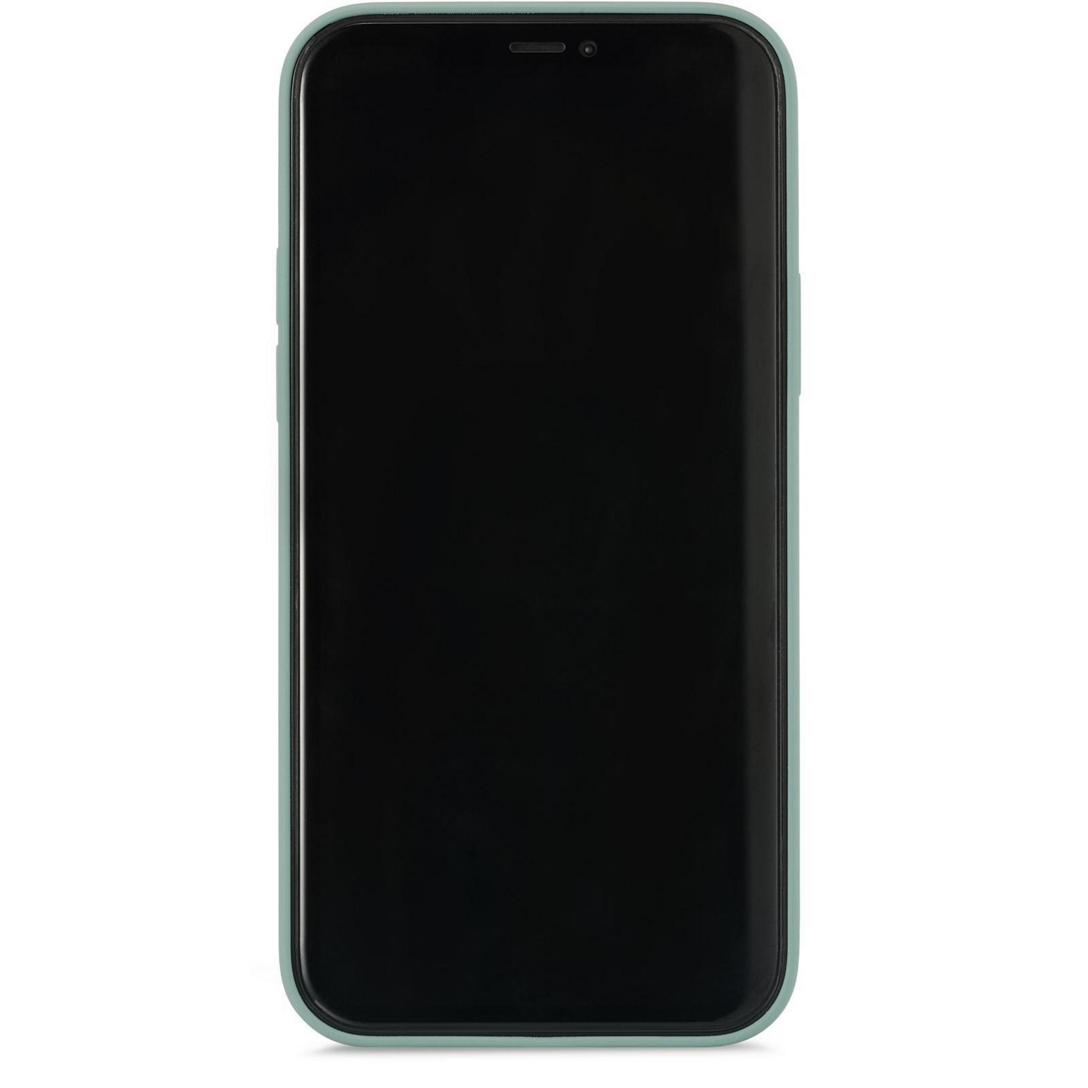 Schwarzes Telefon mit grünen Rändern. Der Bildschirm ist schwarz. Das Telefon steht aufrecht.