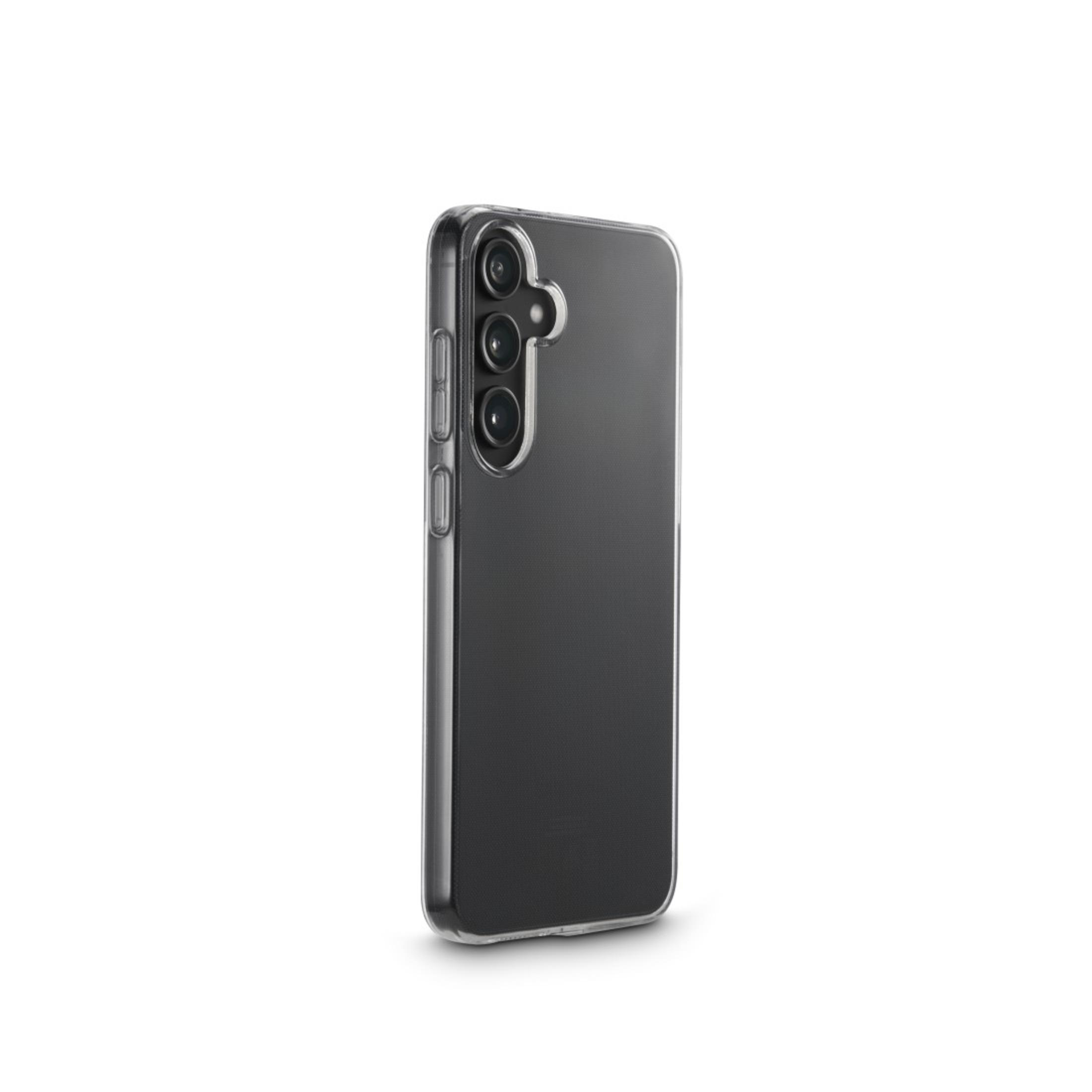 Una custodia nera per telefono con tre obiettivi della fotocamera su sfondo bianco. Vista angolata.