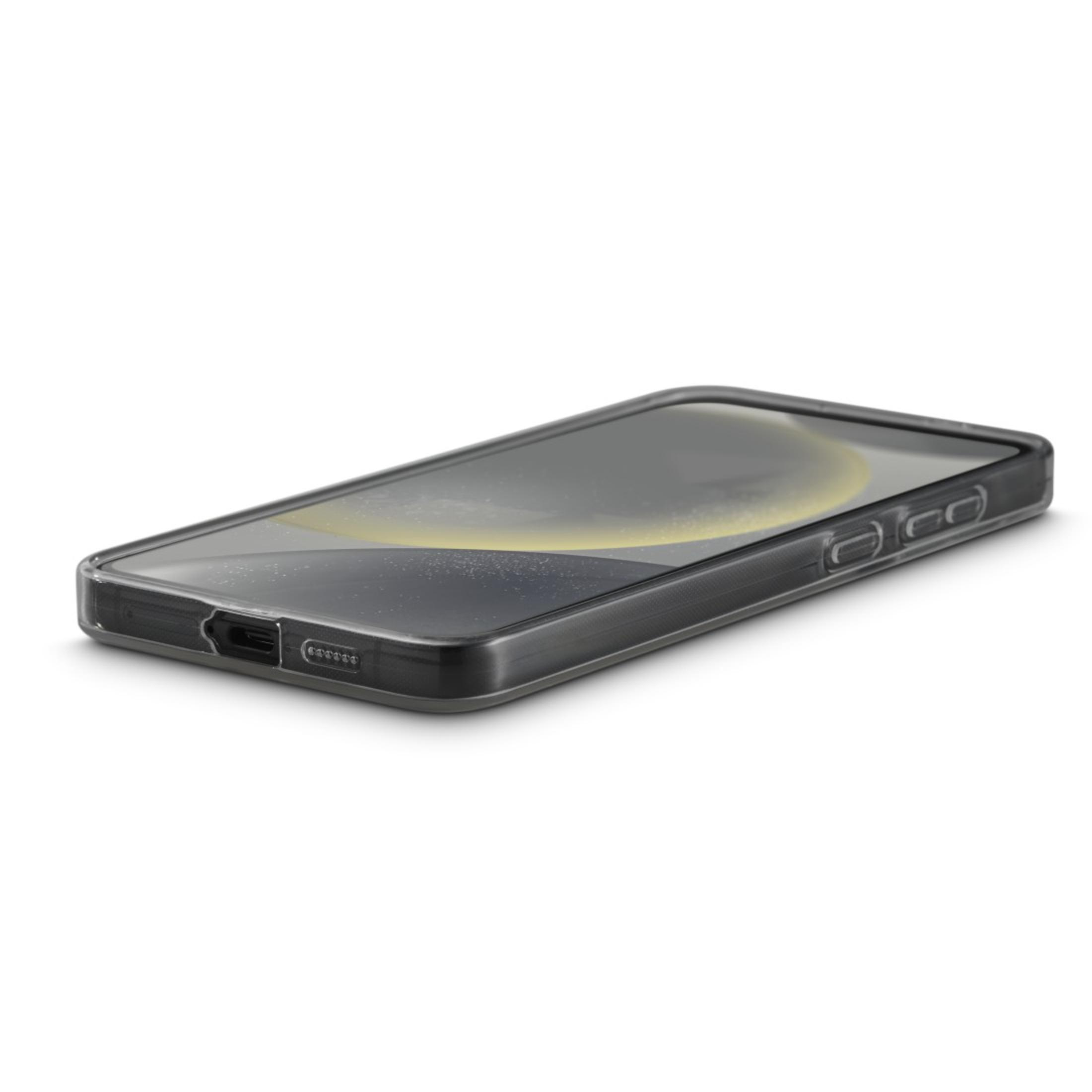 Custodia trasparente su sfondo bianco, che mostra il design del telefono. Riflesso di luce sul vetro.
