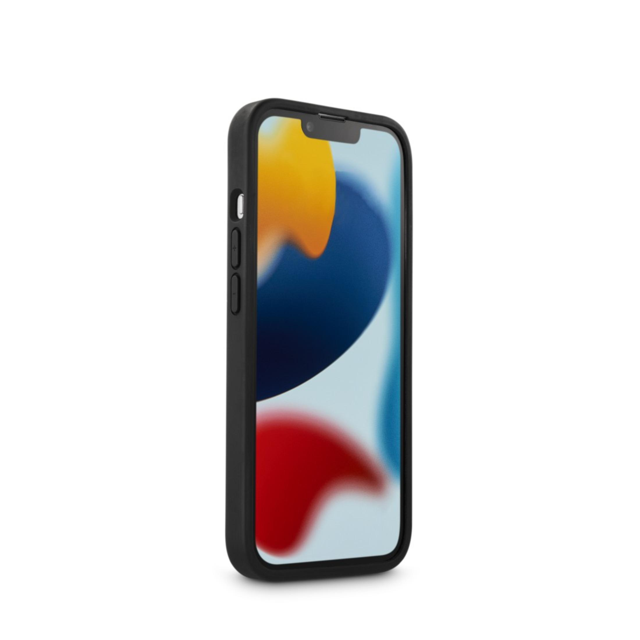 Custodia nera per telefono con un telefono all'interno. Il telefono ha uno sfondo colorato.