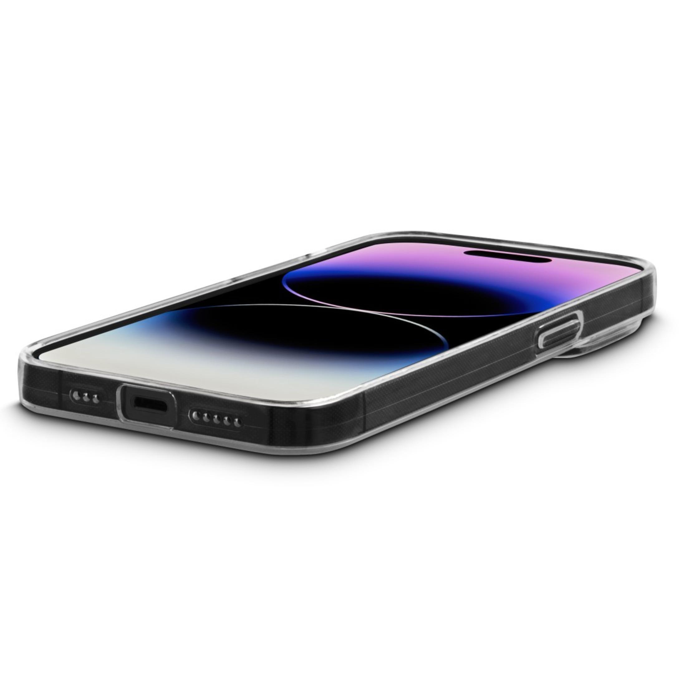 Ein Telefon, das auf einer weißen Oberfläche liegt. Es hat eine transparente Hülle mit dunklem Rand.