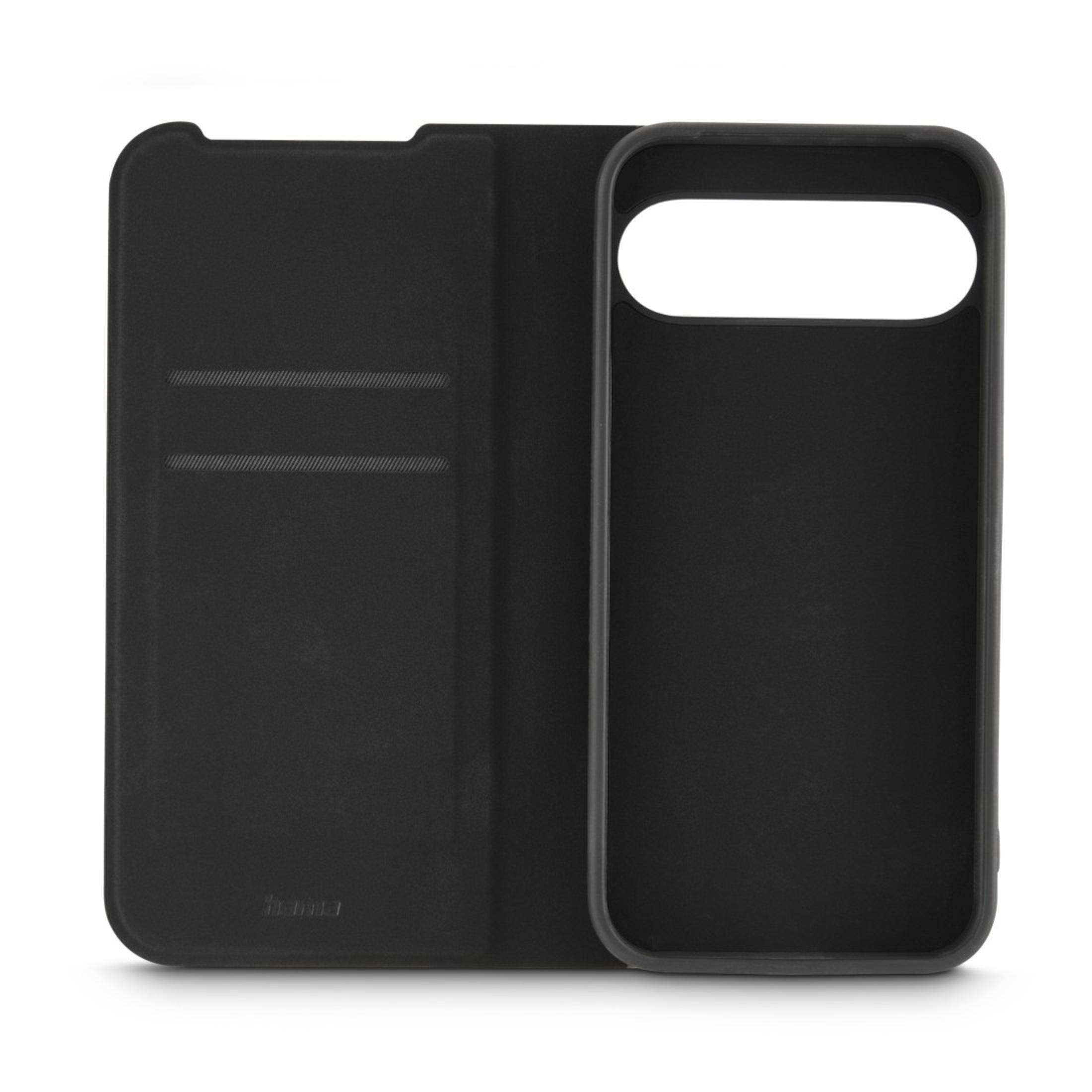 Custodia per telefono nera con design a portafoglio. La custodia è aperta, rivelando fessure per carte e una cornice per il telefono.